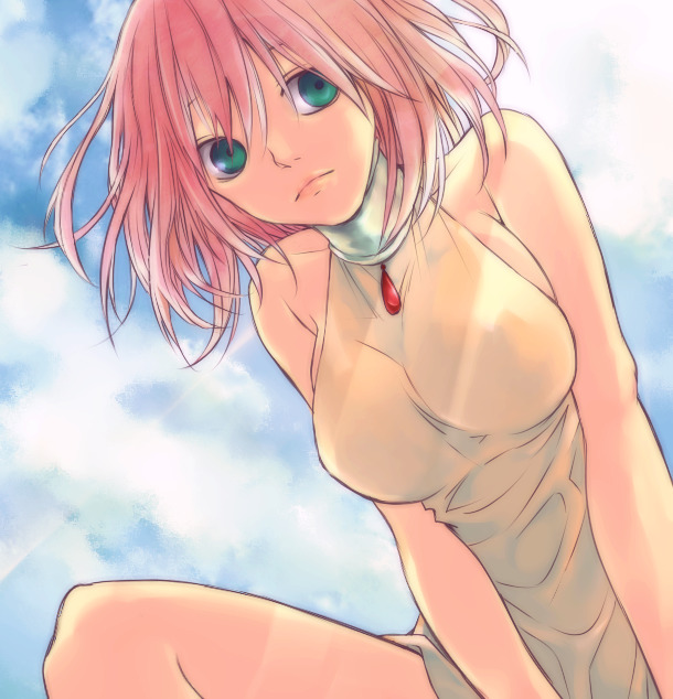 h・a・jim, lenna charlotte tycoon, final fantasy, final fantasy v, 1990s (style), 1girl, bare shoulders, breasts, choker, cloud, dress, female focus, green eyes, outdoors, pink hair, short hair, sky, solo