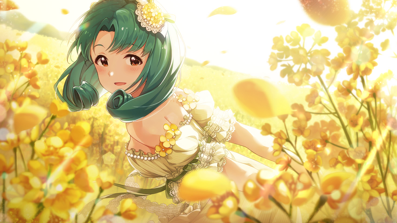 tokugawa matsuri, idolmaster, idolmaster million live!, idolmaster million live! theater days, commentary request, game cg, official art, third-party source, 1girl, arm garter, bare shoulders, blush, brown eyes, day, dress, field, flower, flower field, from side, green hair, looking at viewer, looking to the side, official alternate costume, open mouth, outdoors, short hair, smile, solo, sunlight, white dress, yellow flower