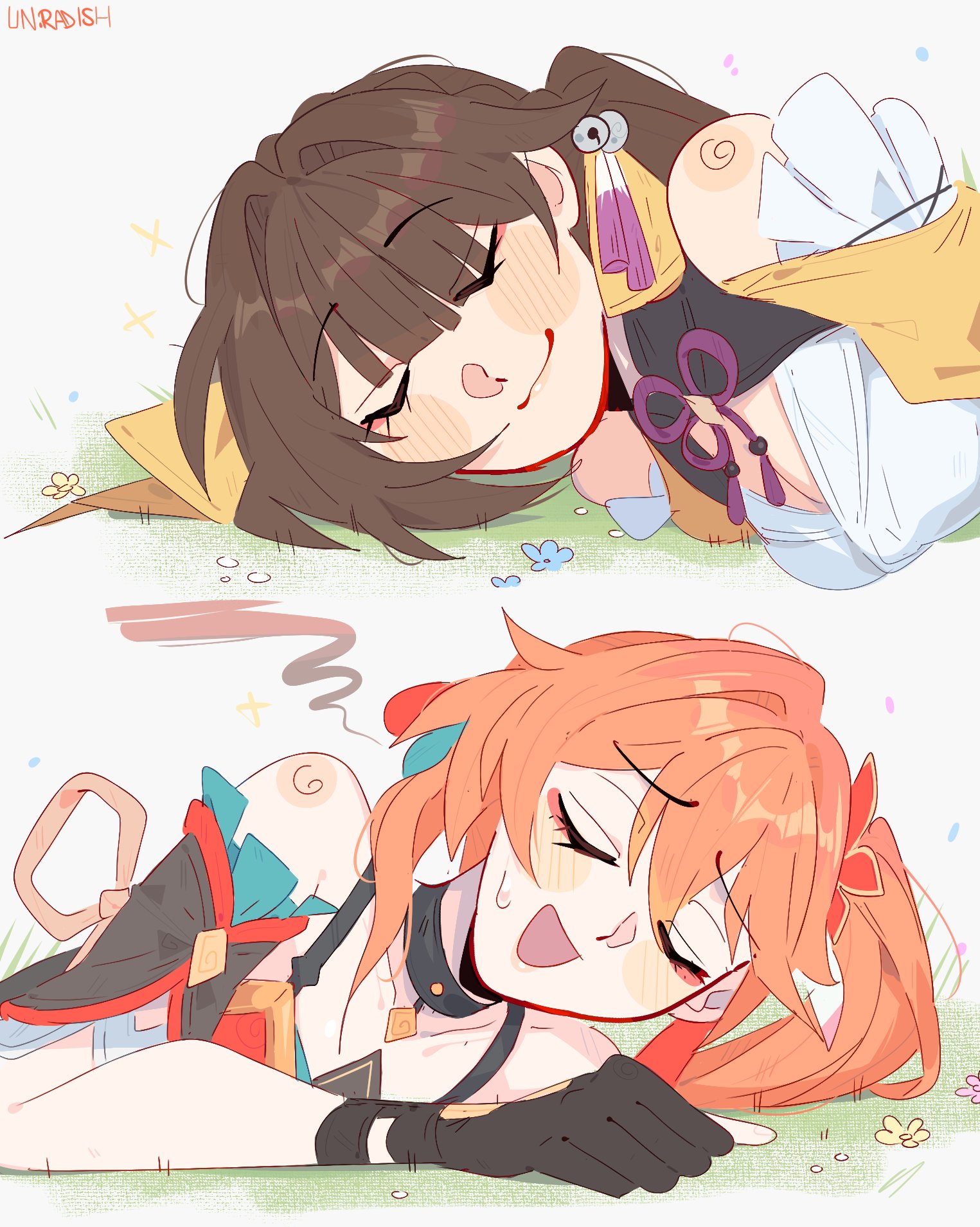 unfamousradish, guinaifen (honkai: star rail), sushang (honkai: star rail), honkai: star rail, honkai (series), commentary, english commentary, highres, 2girls, artist name, bare shoulders, bell, black choker, black gloves, blush, breasts, brown hair, choker, cleavage, cleavage cutout, closed eyes, closed mouth, clothing cutout, collarbone, flower, gloves, hair bell, hair between eyes, hair flower, hair ornament, long hair, lying, multiple girls, on side, open mouth, orange hair, shoulder cutout, side ponytail, smile, upper body