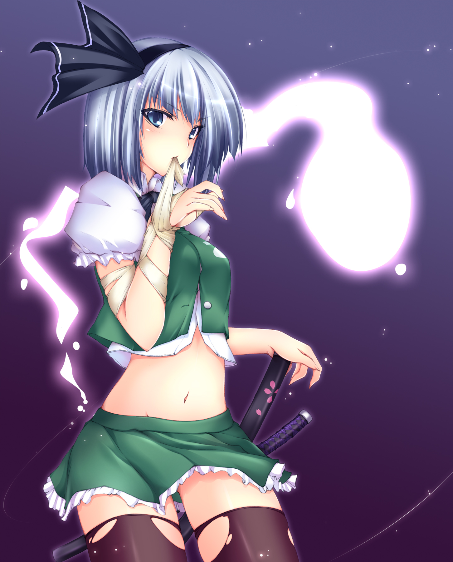 yui.h, konpaku youmu, konpaku youmu (ghost), touhou, silver hair, highres, 1girl, bandages, black thighhighs, blood, blue eyes, blush, female focus, fingernails, hairband, katana, long fingernails, looking at viewer, midriff, navel, puffy sleeves, short hair, skirt, solo, standing, sword, thighhighs, torn clothes, torn thighhighs, weapon