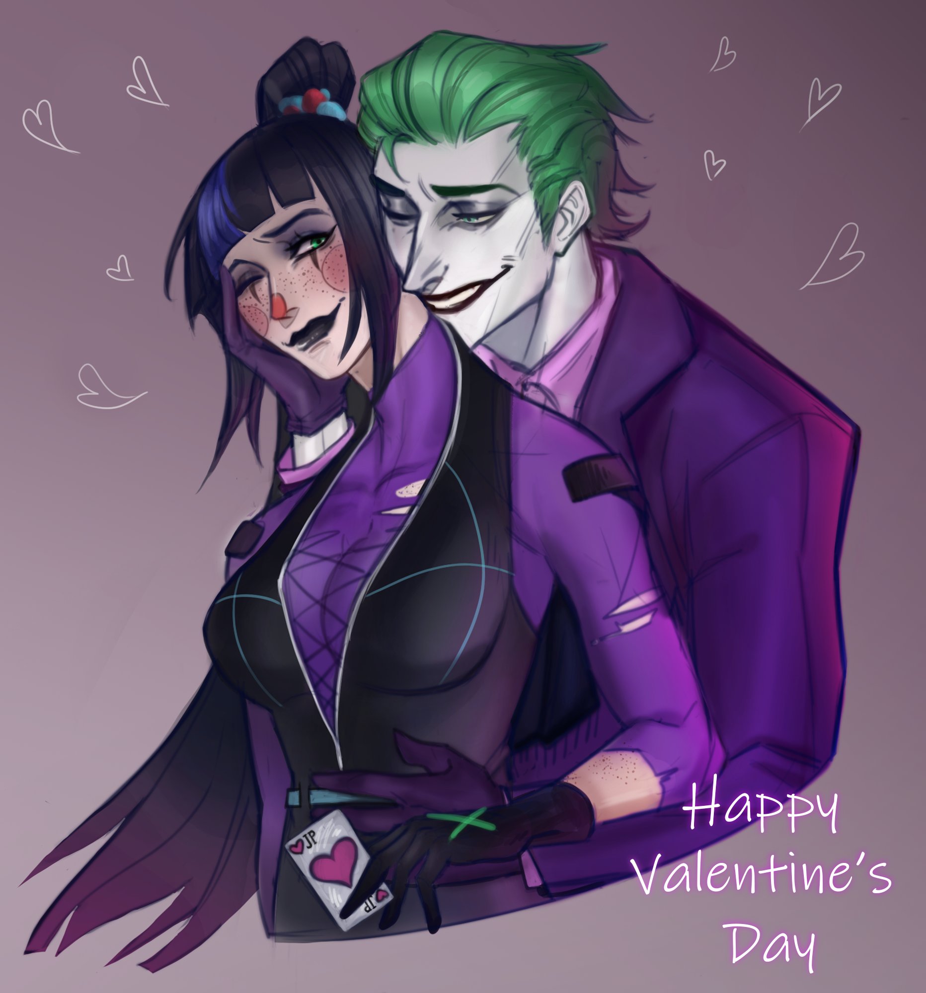 punchline (dc), the joker, batman (series), dc comics, highres, 1boy, 1girl, black hair, card, couple, formal clothes, gloves, green eyes, green hair, nyurafenrisulfr, purple suit, smile, suit, torn clothes