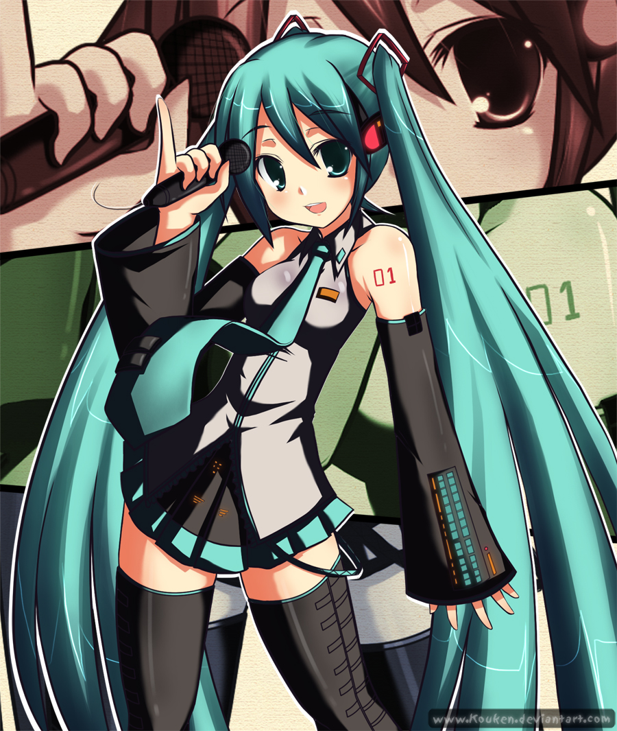 mightyleafy, hatsune miku, vocaloid, 1girl, aqua eyes, aqua hair, detached sleeves, female focus, long hair, pinky out, skirt, smile, solo, thighhighs, twintails, very long hair, watermark, web address, zettai ryouiki, zoom layer