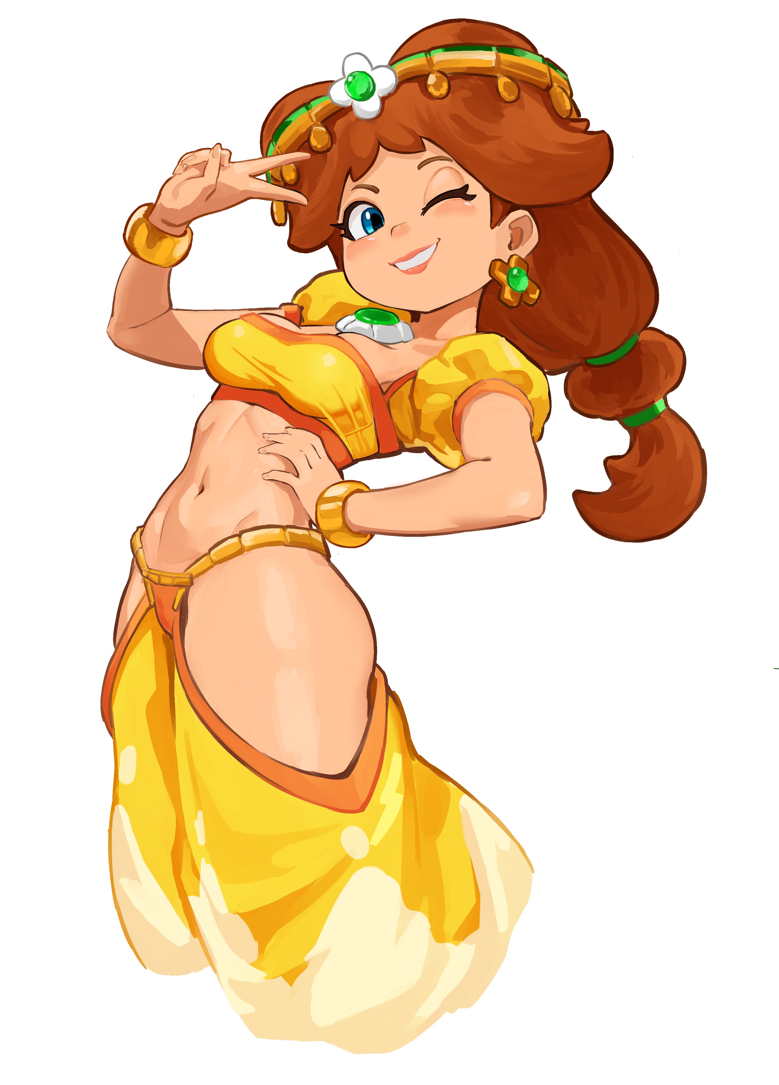 mineru128127, princess daisy, princess daisy (oasis), mario (series), mario kart, mario kart world, nintendo, absurdres, highres, 1girl, adapted costume, arabian clothes, blue eyes, bracelet, breasts, brown hair, clothing cutout, crop top, cropped legs, earrings, flower earrings, gem, green gem, grin, hair ornament, harem pants, hip vent, jewelry, long hair, looking at viewer, medium breasts, midriff, navel, official alternate costume, one eye closed, pants, puffy short sleeves, puffy sleeves, shirt, short sleeves, simple background, smile, solo, stomach, toned, toned female, v, white background, yellow pants, yellow shirt