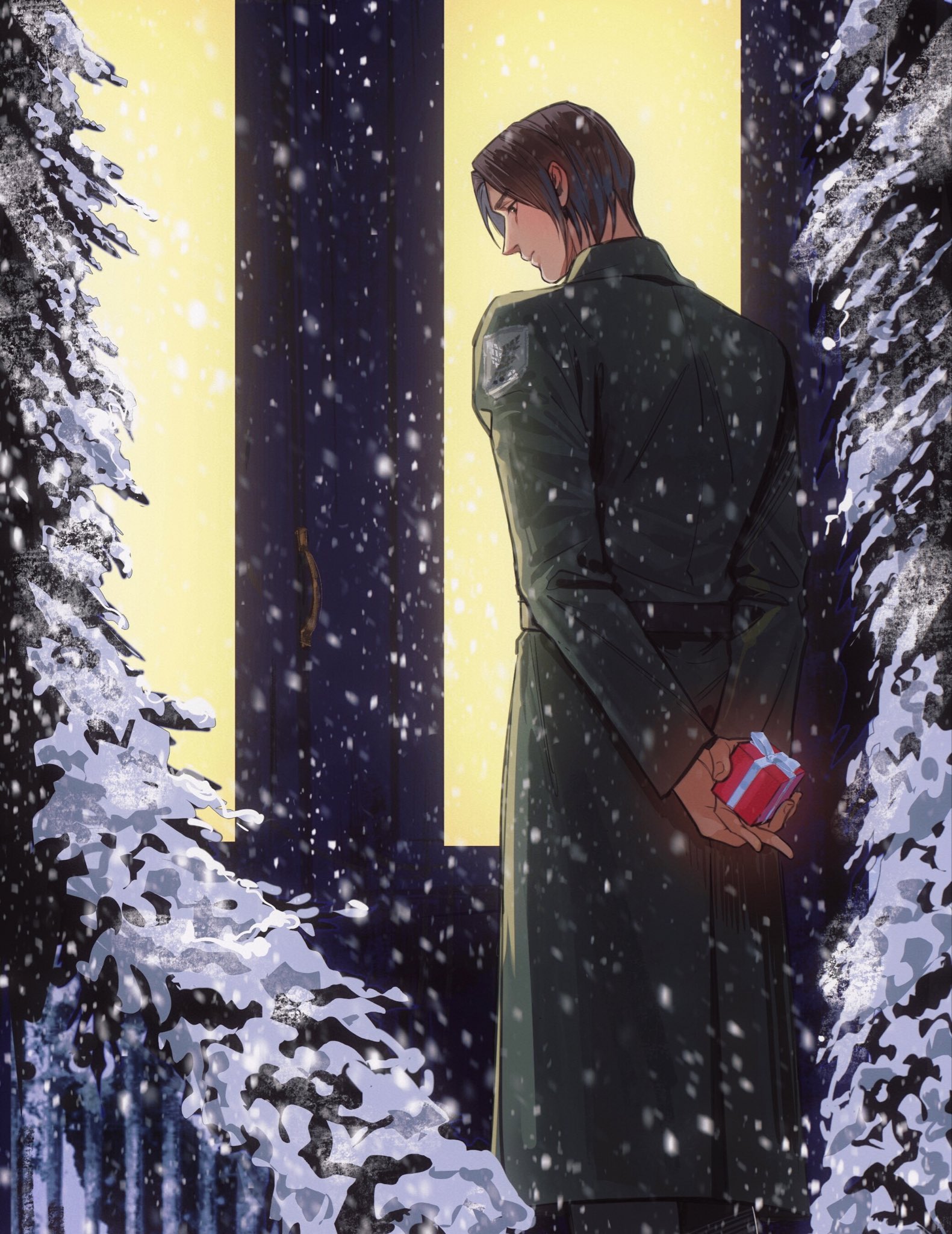 mnine5, eren yeager, shingeki no kyojin, highres, 1boy, black coat, box, brown hair, christmas present, coat, door, gift, gift box, holding, holding behind back, holding box, holding gift, long coat, male focus, outdoors, parted bangs, short hair, snow, snowing, solo, waiting, winter