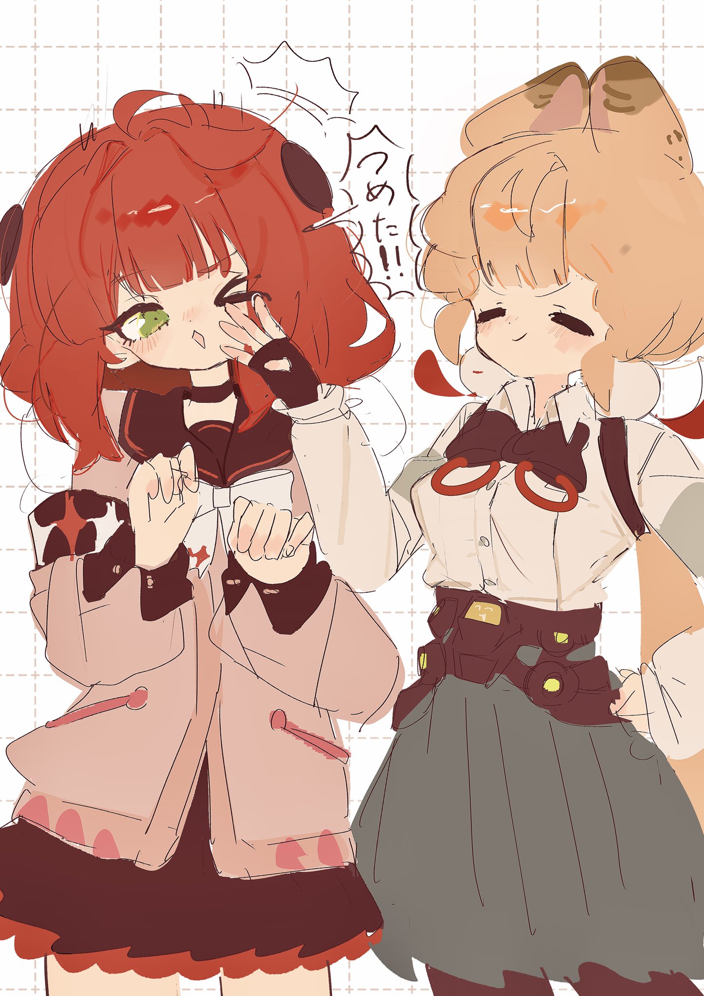 alice thymefield, ukinami yuzuha, zenless zone zero, highres, 2girls, animal ears, blonde hair, blush, braid, braided twintails, breasts, cardigan, hair ornament, hearing aid, heterochromia, long hair, looking at viewer, low twintails, multiple girls, pink cardigan, rabbit ears, rabbit girl, red eyes, red hair, shirt, siomimi, sphere hair ornament, twintails, white shirt, yellow eyes