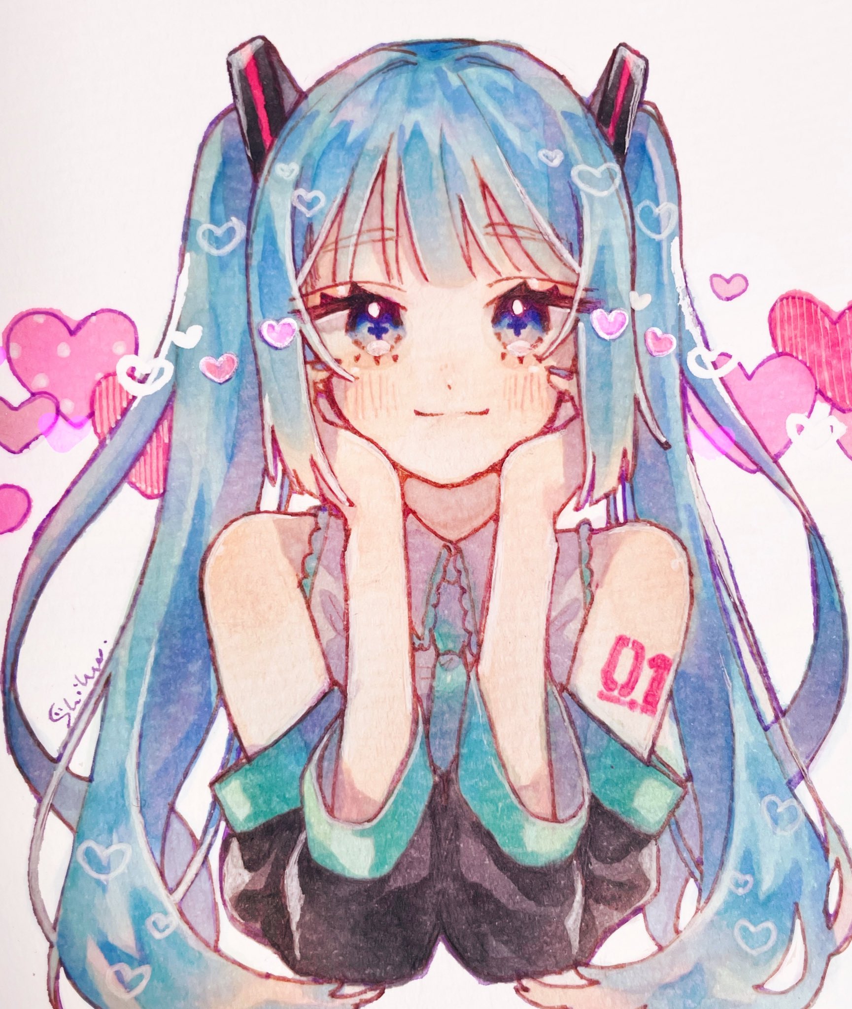 shifu0321, hatsune miku, vocaloid, highres, 1girl, aqua hair, aqua necktie, arm tattoo, black sleeves, blue eyes, blush, collared shirt, detached sleeves, hair ornament, hands on own cheeks, hands on own face, heart, looking at viewer, miku day, necktie, shirt, sidelocks, solo, tattoo, twintails, upper body