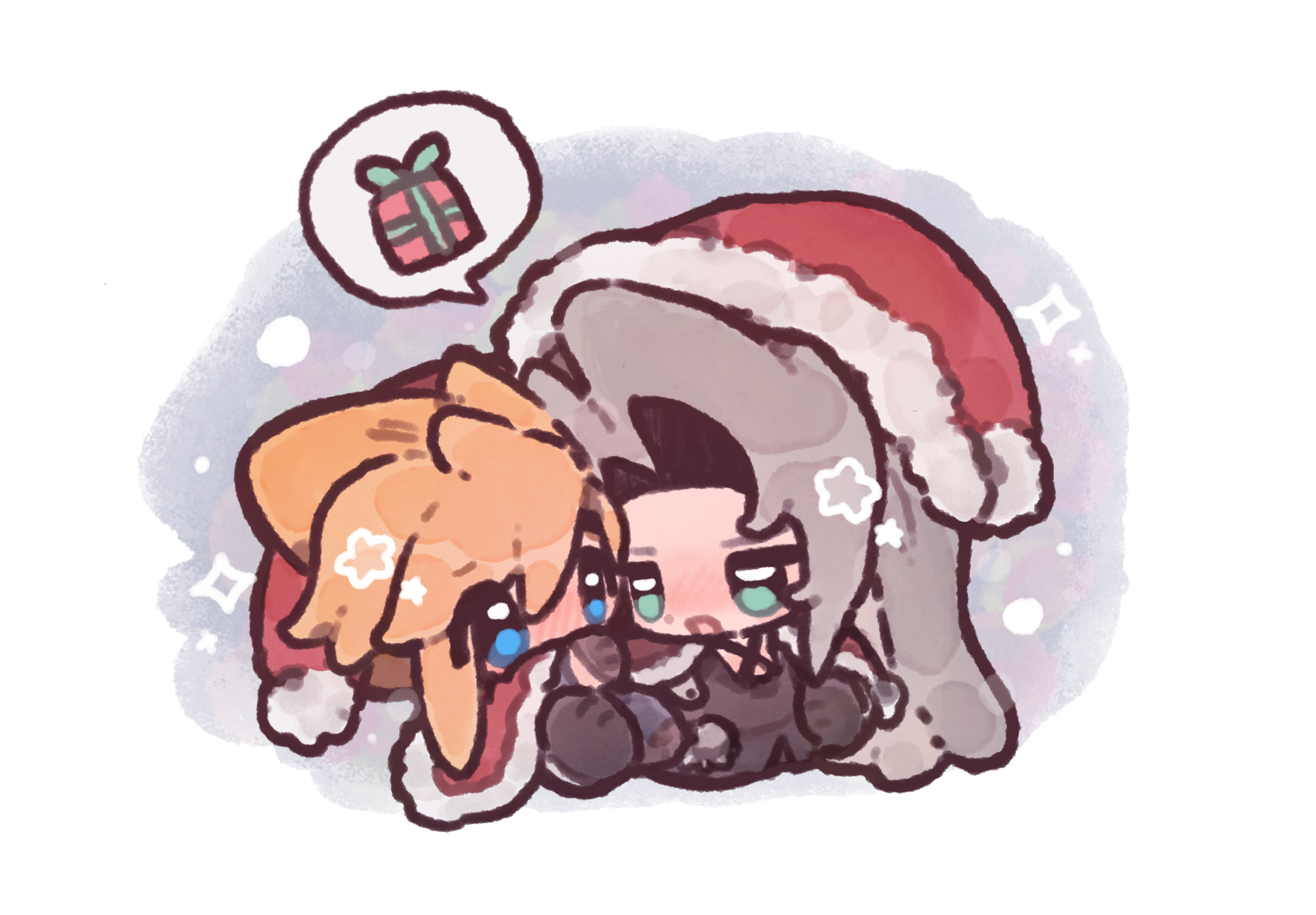 cloud strife, sephiroth, crisis core: final fantasy vii, final fantasy, final fantasy vii, commentary request, highres, 2boys, black coat, black gloves, blonde hair, blue eyes, blush, blym7oym7759061, brown gloves, cape, carrying, carrying person, chibi, chibi only, christmas, christmas present, coat, covered mouth, cropped torso, full body, fur-trimmed cape, fur trim, gift, gloves, green eyes, grey hair, hat, height difference, long hair, looking at another, male focus, multiple boys, open mouth, red cape, red hat, santa hat, smile, sparkle, speech bubble, spiked hair, star (symbol), yaoi