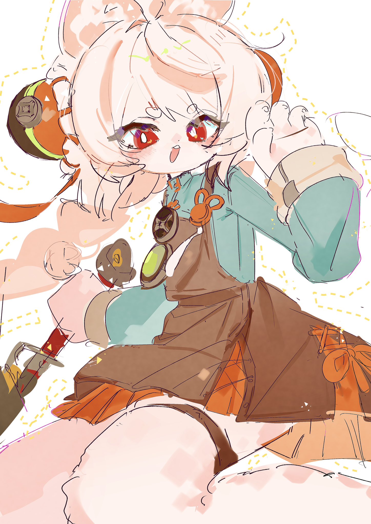 zhao (zenless zone zero), zenless zone zero, highres, 1girl, ahoge, animal ear fluff, animal ear piercing, animal ears, braid, braided twintails, bright pupils, green shirt, long hair, looking at viewer, o-ring necktie, open mouth, pink fur, pink hair, rabbit ears, rabbit girl, red eyes, shirt, short eyebrows, siomimi, solo, thick eyebrows, white pupils