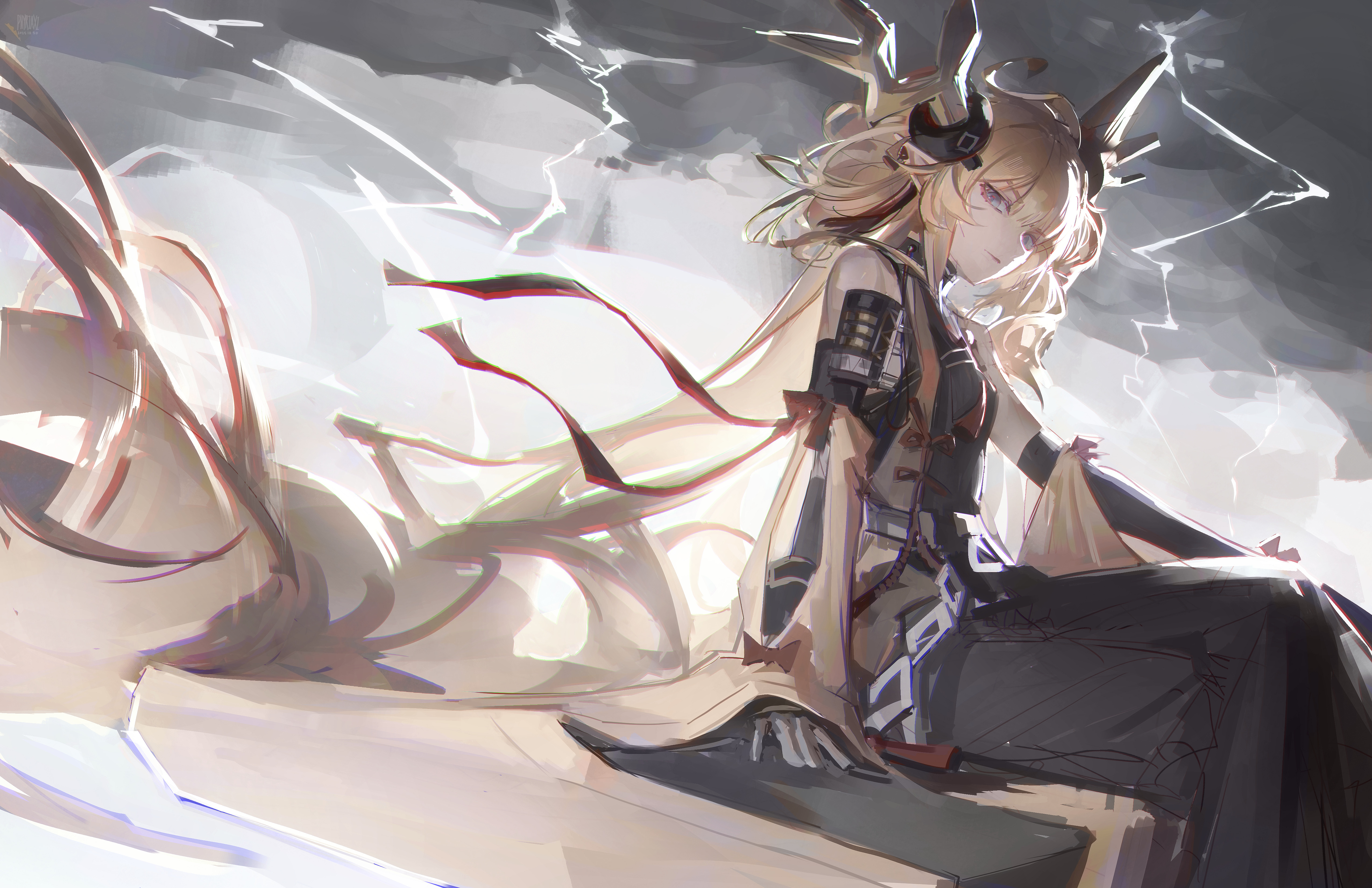phyriaxi, leizi (arknights), leizi the thunderbringer (arknights), arknights, absurdres, commentary, english commentary, highres, 1girl, bare shoulders, black dress, blonde hair, closed mouth, cloud, cloudy sky, dark cloud, detached sleeves, dress, grey eyes, horn ornament, horns, lightning, sitting, sky, solo, storm, twintails, wide sleeves, yellow sleeves