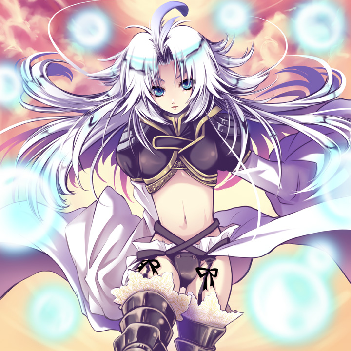 shima chiyo, kuja, final fantasy, final fantasy ix, silver hair, 00s, 1boy, ahoge, androgynous, armor, blue eyes, codpiece, energy ball, garter belt, lace, long hair, long sleeves, magic, male focus, midriff, navel, smile, solo, thighhighs, trap, white thighhighs