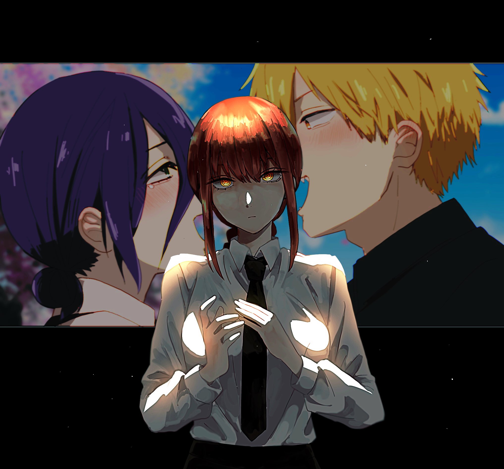 amanechan08, denji (chainsaw man), makima (chainsaw man), reze (chainsaw man), chainsaw man, highres, 1boy, 2girls, black border, black jacket, black necktie, black pants, blonde hair, blue hair, blush, border, braid, breasts, closed mouth, collared shirt, expressionless, glowing, glowing eyes, hair between eyes, hair bun, hetero, jacket, long hair, looking at another, medium breasts, medium hair, multiple girls, necktie, open mouth, pants, red hair, ringed eyes, shirt, short hair, sidelocks, single braid, smile, updo, upper body, white shirt, yellow eyes