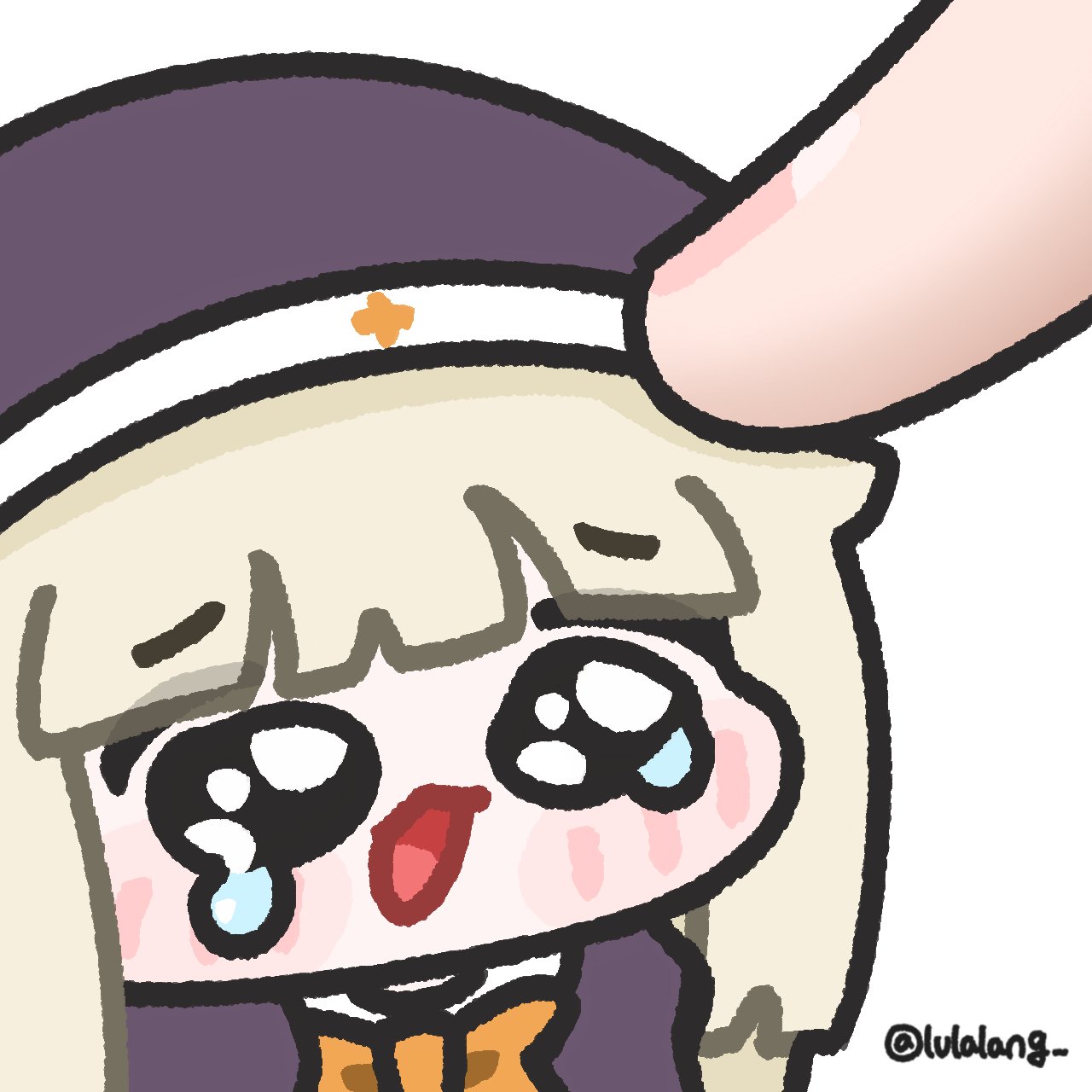 lulalang, speaki (trickcal), trickcal, commentary request, highres, korean commentary, 1girl, black dress, black eyes, black veil, blonde hair, blunt bangs, bow, chibi, chibi only, dress, long hair, looking at viewer, meme, nun, open mouth, orange bow, simple background, solo focus, speakiposting (meme), tearing up, twitter username, veil, white background