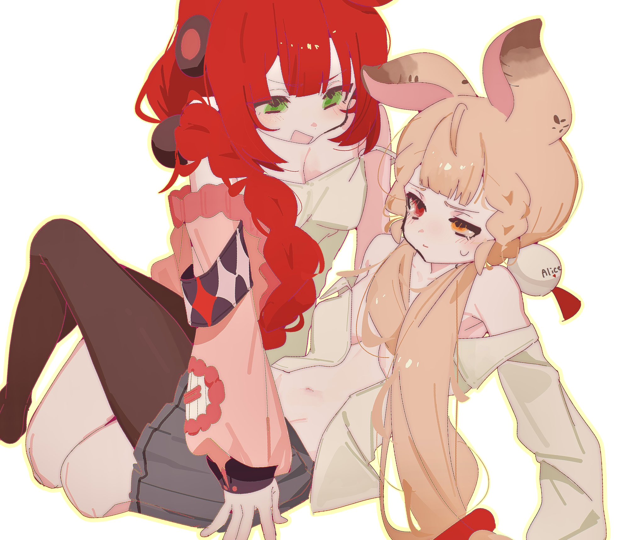 ukinami yuzuha, zenless zone zero, highres, 2girls, animal ears, blonde hair, braid, breasts, cardigan, green eyes, hair ornament, long hair, looking at viewer, multiple girls, rabbit ears, rabbit girl, red hair, siomimi, smile, sphere hair ornament, thigh strap, twin braids, twintails, very long hair