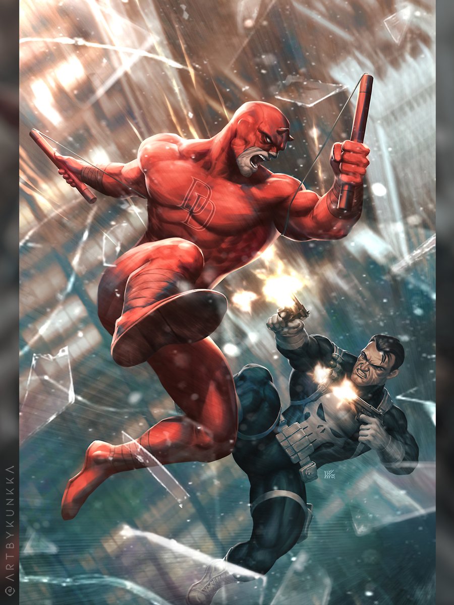 kunkka, daredevil, the punisher (character), marvel, the punisher (series), comic cover, commentary, english commentary, highres, official art, 2boys, black bodysuit, black hair, blurry, blurry background, bodysuit, boots, broken glass, character logo, covered abs, cowl, dual wielding, fake horns, falling, fighting, firing, glass, gloves, gun, handgun, holding, holding gun, holding nunchaku, holding weapon, horns, looking at another, male focus, multiple boys, muscular, muscular male, nunchaku, open mouth, profile, red bodysuit, red boots, short hair, superhero costume, twitter username, weapon, white boots, white gloves