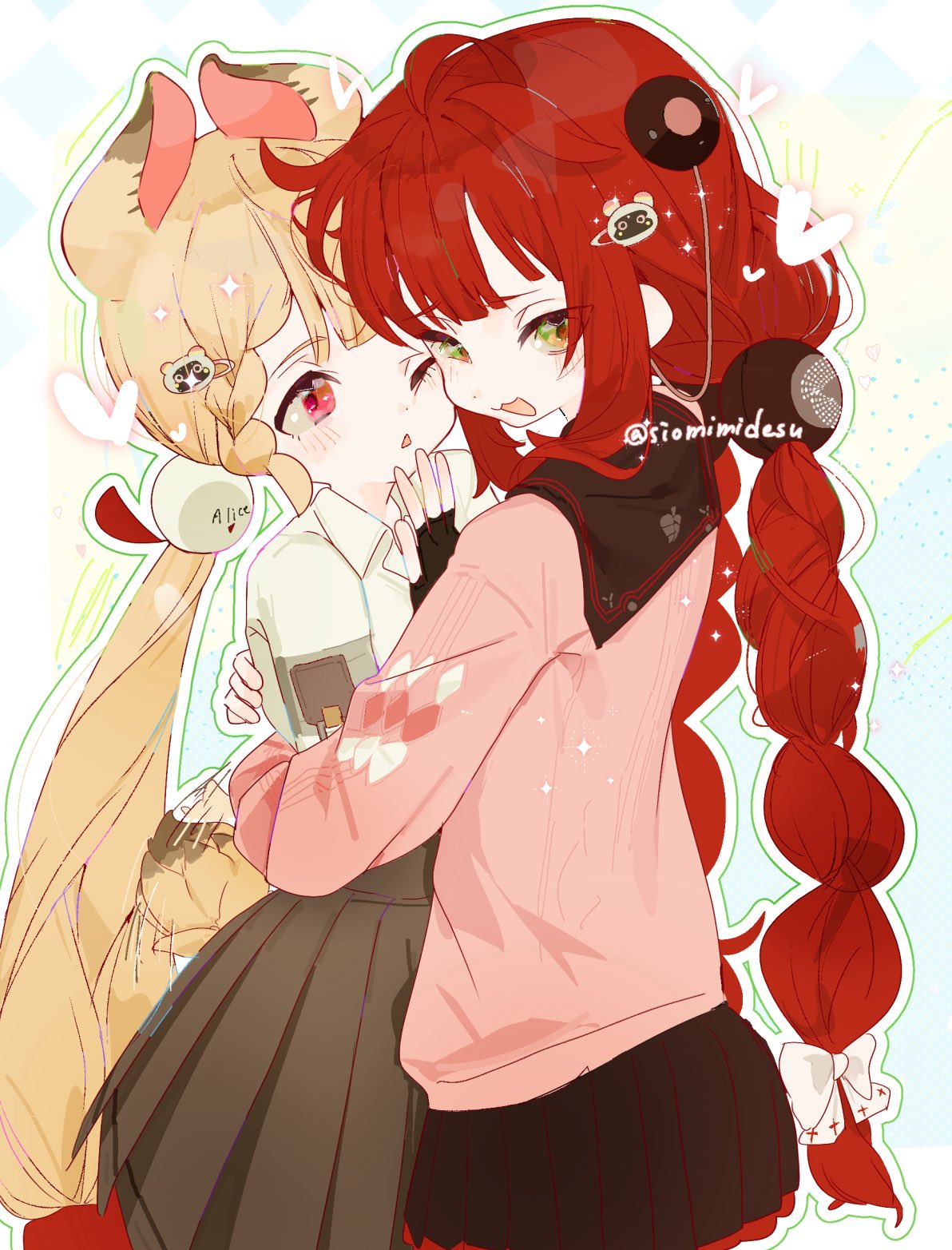 alice thymefield, ukinami yuzuha, zenless zone zero, highres, animal ears, blonde hair, blush, braid, braided twintails, breasts, cardigan, green eyes, hair ornament, hearing aid, long hair, looking at viewer, low twin braids, multiple girls, open mouth, pink cardigan, rabbit ears, rabbit girl, red hair, siomimi, smile, sphere hair ornament, twin braids, twintails