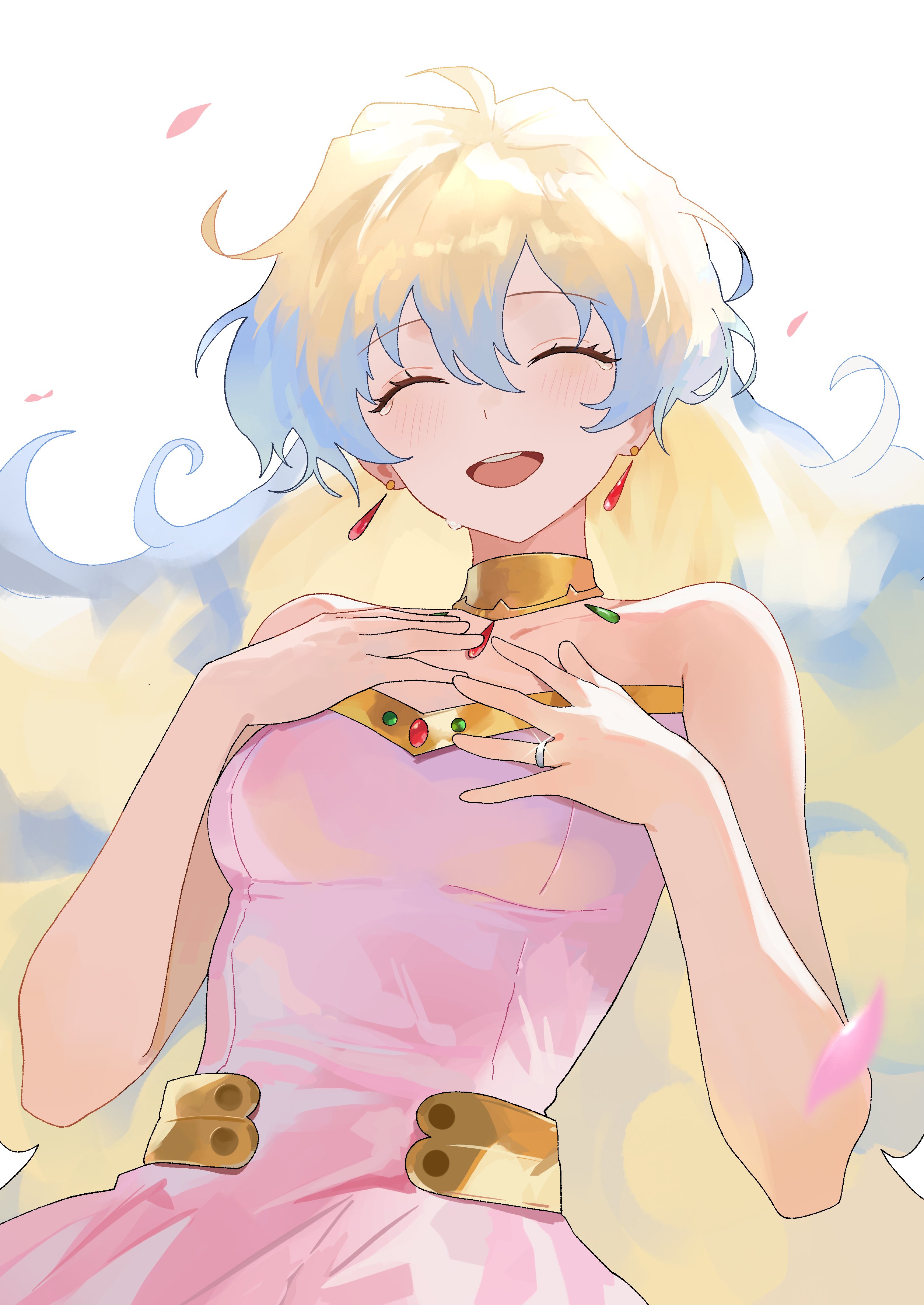 nbee ya, nia teppelin, tengen toppa gurren lagann, absurdres, highres, 1girl, bare arms, bare shoulders, blonde hair, blue hair, breasts, closed eyes, crying, dress, earrings, falling petals, gold choker, gold trim, hair between eyes, hands on own chest, happy tears, jewelry, light blush, long hair, medium breasts, multicolored hair, open mouth, petals, pink dress, pink petals, ring, simple background, smile, solo, sparkle, strapless, strapless dress, tears, teeth, two-tone hair, upper body, upper teeth only, white background