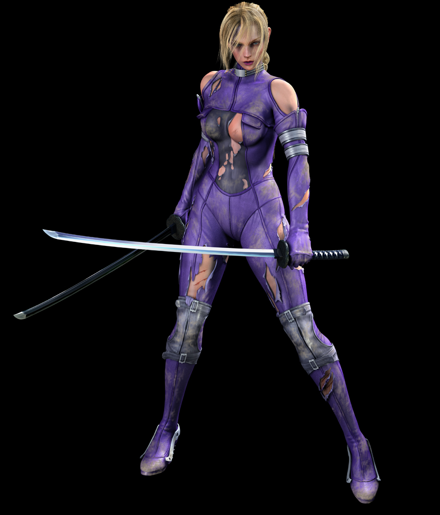 nina williams, death by degrees, namco, tekken, tekken 2, tekken 3, tekken 4, tekken 5 (dark resurrection), tekken tag tournament, official art, 1girl, 3d, bare shoulders, black background, blonde hair, bodysuit, braid, breasts, dirty, dual wielding, elbow gloves, female focus, full body, gloves, holding, katana, simple background, skin tight, solo, standing, sword, torn clothes, weapon