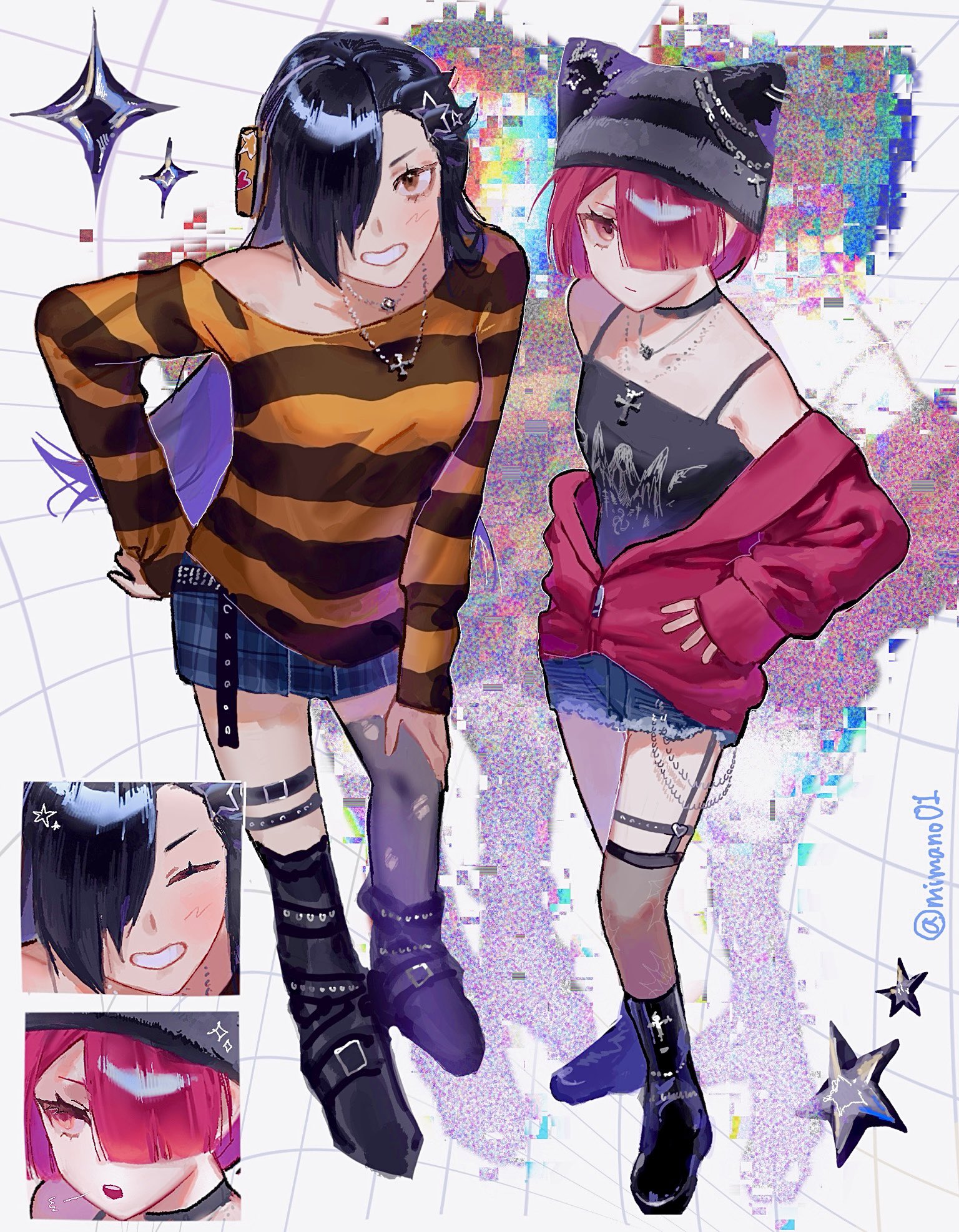 natsuki subaru, natsumi schwarz, ram (re:zero), re:zero kara hajimeru isekai seikatsu, highres, 1boy, 1girl, animal ear headwear, asymmetrical legwear, beanie, black choker, black hair, blush, boots, breasts, camisole, choker, denim, denim shorts, denim skirt, fake animal ears, full body, grin, hair ornament, hair over one eye, hand on own hip, hat, jacket, jewelry, long hair, long sleeves, looking at viewer, mimano01, multiple girls, multiple views, necklace, off shoulder, open mouth, pink hair, red eyes, shirt, short hair, shorts, skirt, smile, striped clothes, striped shirt, thighhighs, twitter username, zipper