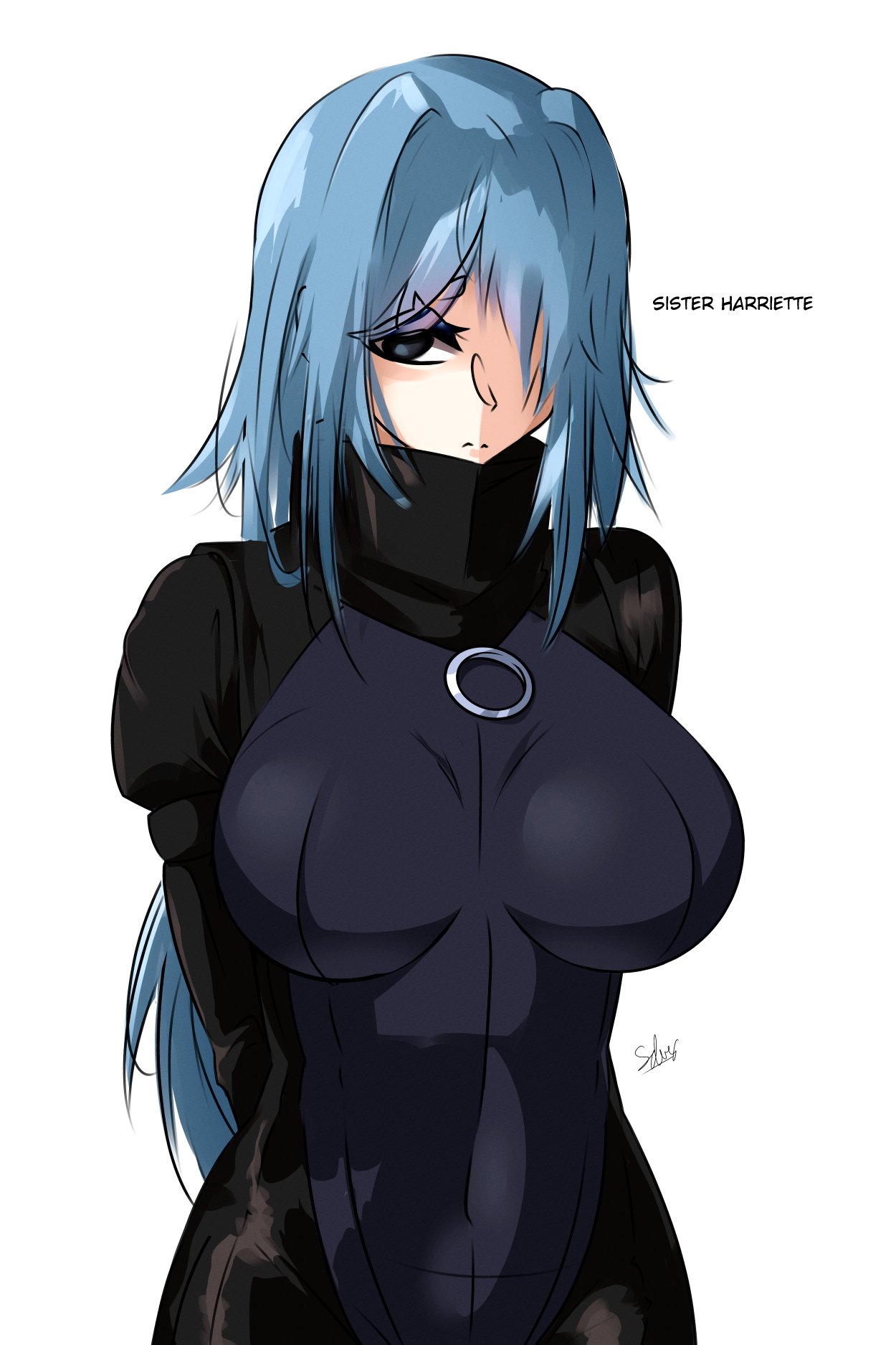 beyond citadel, the citadel, highres, 1girl, arms behind back, black bodysuit, blue eyes, blue hair, bodysuit, breasts, character name, hair intakes, hair over one eye, harriette (the citadel), large breasts, long hair, long sleeves, looking at viewer, navel, signature, simple background, solo, subeditred, very long hair, white background, zipper pull tab
