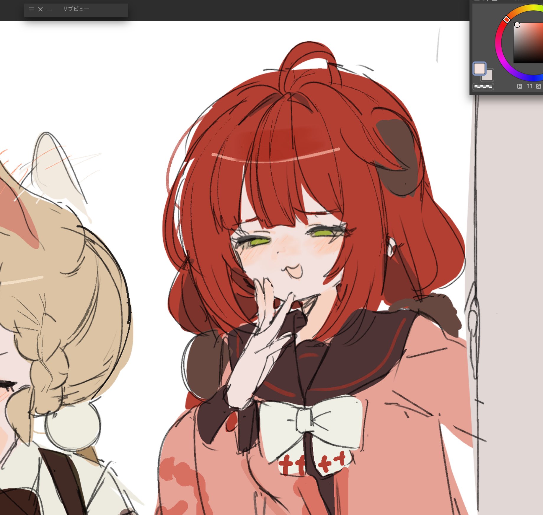 ukinami yuzuha, zenless zone zero, highres, 2girls, animal ears, blonde hair, blush, braid, braided twintails, cardigan, green eyes, hair ornament, long hair, looking at viewer, multiple girls, rabbit ears, rabbit girl, red hair, shirt, siomimi, smile, sphere hair ornament, twintails