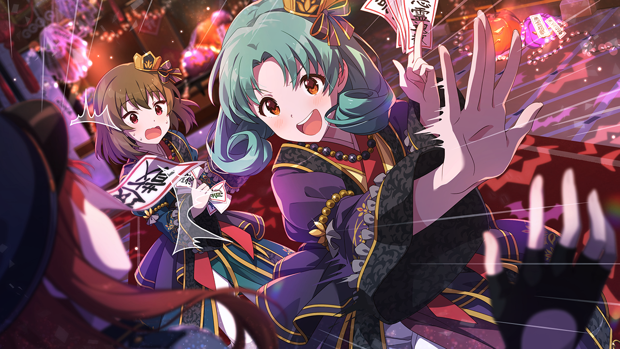 nagayoshi subaru, tokugawa matsuri, idolmaster, idolmaster million live!, idolmaster million live! theater days, commentary request, game cg, official art, third-party source, 3girls, blurry, blurry background, blurry foreground, blush, brown eyes, chinese clothes, fingerless gloves, gloves, green hair, holding, holding ofuda, indoors, long sleeves, multiple girls, ofuda, open mouth, smile, standing