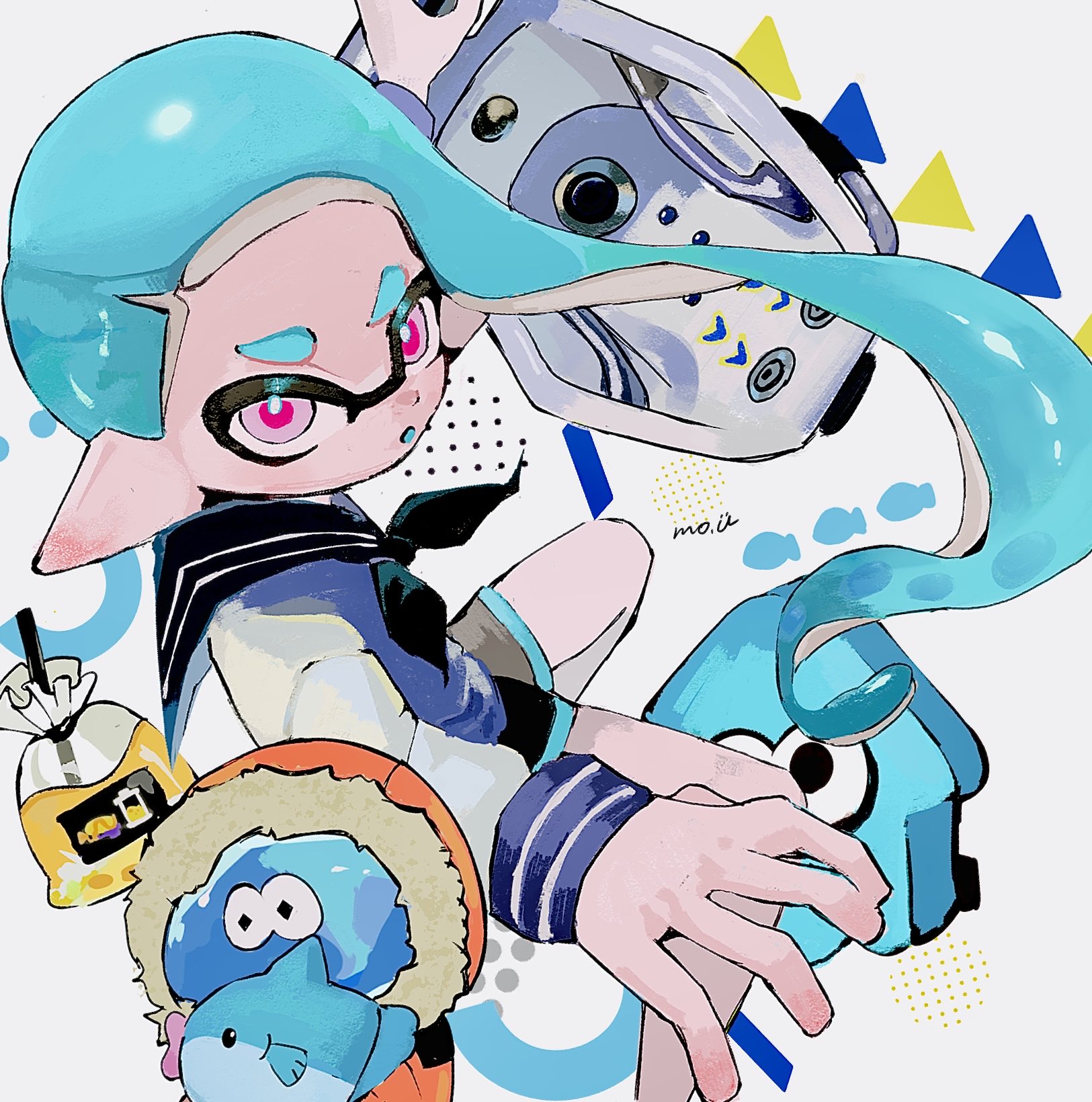 moyu u0, inkling girl, inkling player character, nintendo, splatoon (series), character request, highres, tagme, 1girl, black shorts, bloblobber (splatoon), blue hair, drink, drinking straw, holding, inkling, long hair, long sleeves, looking at viewer, open mouth, pink eyes, pointy ears, sailor collar, sailor shirt, shirt, shorts, solo focus, tentacle hair, weapon