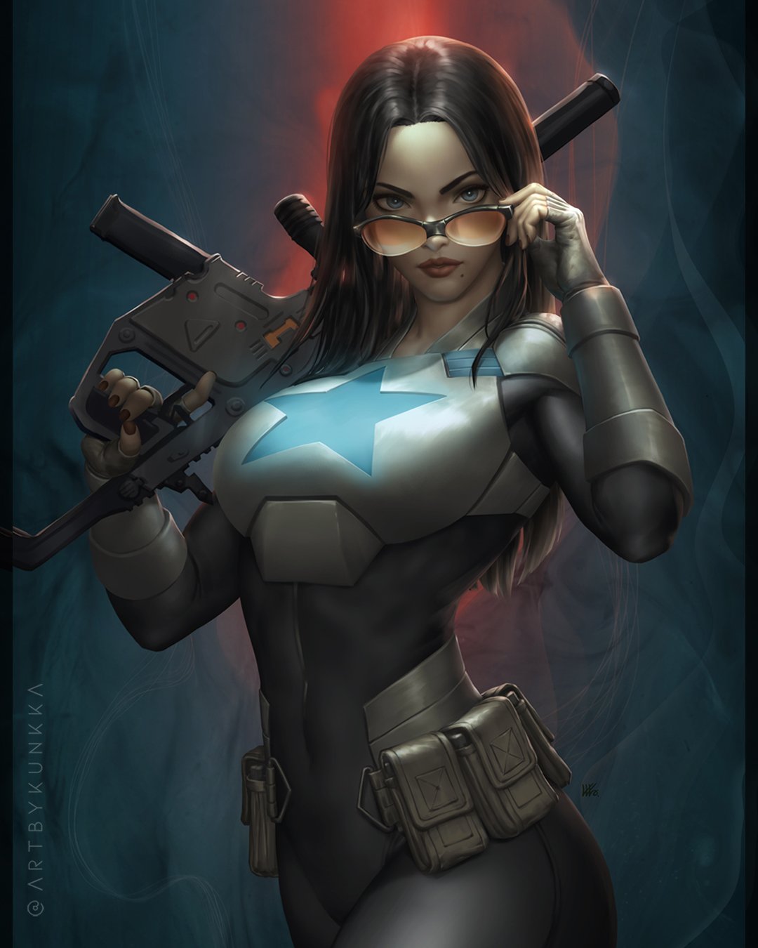 kunkka, baroness (g.i. joe), g.i. joe, comic cover, commentary, english commentary, highres, official art, weapon request, 1girl, adjusting eyewear, armor, black-framed eyewear, black bodysuit, black hair, blue eyes, bodysuit, breastplate, covered navel, cowboy shot, fingerless gloves, gloves, gun, holding, holding gun, holding weapon, kriss vector, long hair, looking at viewer, mole, mole under mouth, orange-tinted eyewear, parted hair, parted lips, red nails, solo, submachine gun, tinted eyewear, twitter username, weapon, white gloves