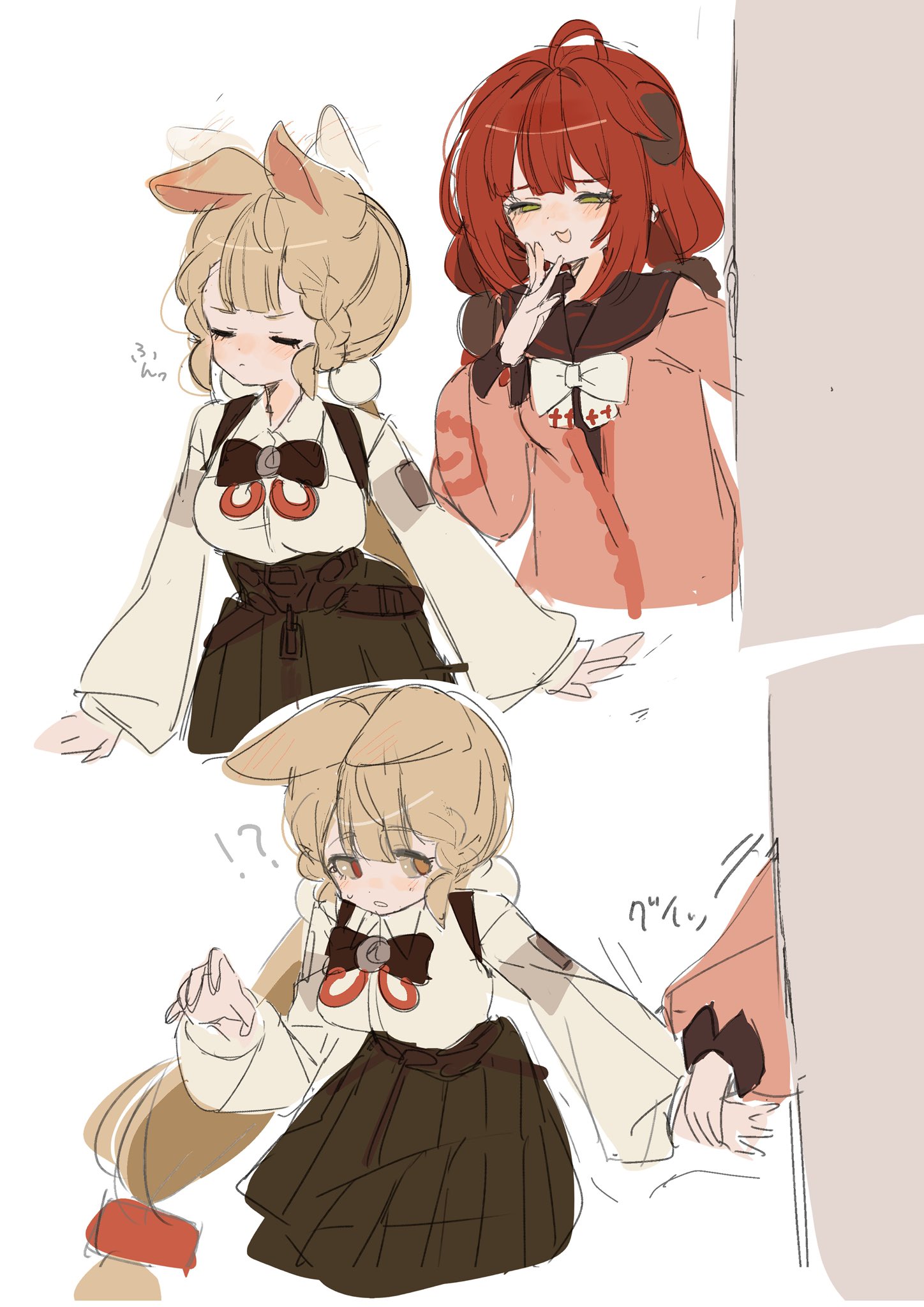 alice thymefield, ukinami yuzuha, zenless zone zero, highres, 2girls, animal ears, blonde hair, blush, braid, braided twintails, breasts, cardigan, chest bow, green eyes, hair ornament, hearing aid, long hair, looking at viewer, low twin braids, multiple girls, multiple hair ribbons, open mouth, pink cardigan, rabbit ears, rabbit girl, red hair, siomimi, smile, sphere hair ornament, twin braids, twintails