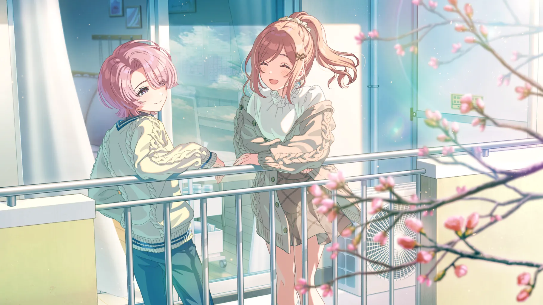 arimura mao, himesaki rinami, gakuen idolmaster, idolmaster, game cg, official art, 2girls, against railing, balcony, branch, brown hair, buttons, chair, closed eyes, couch, multiple girls, open mouth, pants, picture frame, ponytail, purple eyes, railing, sweater, window