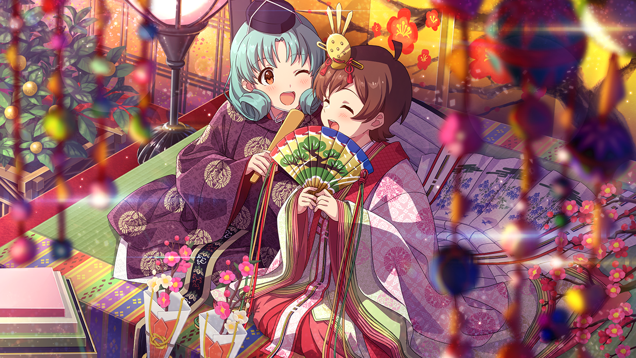 kinoshita hinata, tokugawa matsuri, idolmaster, idolmaster million live!, idolmaster million live! theater days, commentary request, game cg, official art, third-party source, 2girls, ;d, blurry, blurry foreground, brown hair, closed eyes, green hair, hand fan, hat, holding, holding fan, japanese clothes, looking at another, multiple girls, one eye closed, open mouth, paper fan, short hair, side-by-side, sitting, smile