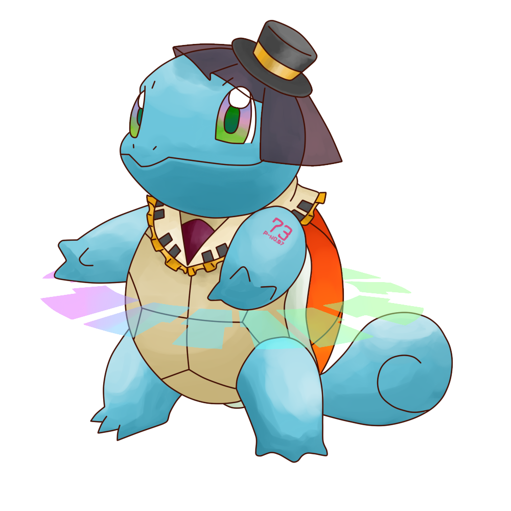 fujikawa (fjk), sugimori ken, namine ritsu, squirtle, nintendo, pokemon, utau, derivative work, clothed pokemon, cosplay, full body, gen 1 pokemon, hat, lolita fashion, mini hat, mini top hat, namine ritsu (cosplay), no humans, parody, pokemon (creature), pun, simple background, solo, top hat, veil, white background