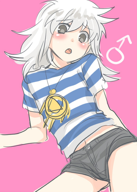 bakura ryou, yu-gi-oh!, yu-gi-oh! duel monsters, 1boy, blush, grey eyes, male focus, mars symbol, micro shorts, pink background, shorts, simple background, solo, trap, white hair