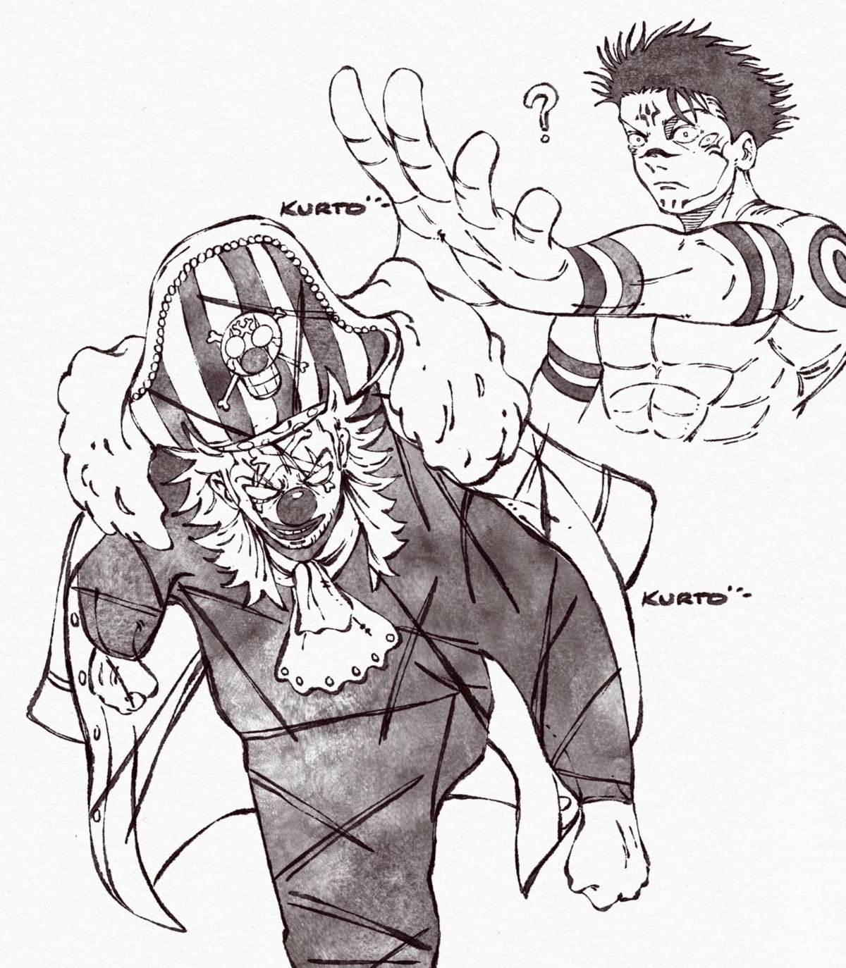 kurrrto, buggy the clown, fushiguro megumi, ryoumen sukuna (jujutsu kaisen), jujutsu kaisen, one piece, commentary, english commentary, highres, 2boys, ?, arm tattoo, artist name, ascot, black hair, blank eyes, clown, clown nose, confused, devil fruit power, facial mark, facial tattoo, greyscale, grin, hat, long hair, monochrome, multiple boys, narrowed eyes, onesie, pirate hat, short hair, shoulder tattoo, slashing, smile, striped hat, tattoo, toned, toned male, upper body, walking, white background