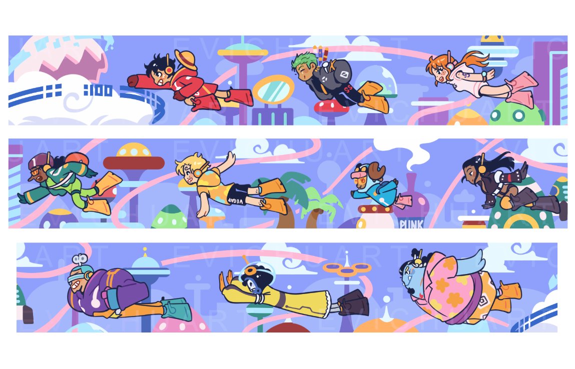 brook (one piece), franky (one piece), jinbe (one piece), monkey d. luffy, nami (one piece), nico robin, roronoa zoro, sanji (one piece), tony tony chopper, usopp, one piece, commentary, 2girls, 6+boys, antlers, arm tattoo, arm up, black bodysuit, black hair, blonde hair, blue coat, blue skin, bodysuit, boots, buzz cut, chibi, coat, colored skin, dark-skinned male, dark skin, earrings, evichuart, facial hair, flying, goatee, green bodysuit, green hair, hat, headphones, horns, jacket, jewelry, leotard, long hair, long nose, multiple boys, multiple girls, official alternate costume, orange hair, outdoors, red boots, reindeer antlers, short hair, skeleton, smile, straw hat, straw hat pirates, tattoo, very short hair, yellow coat