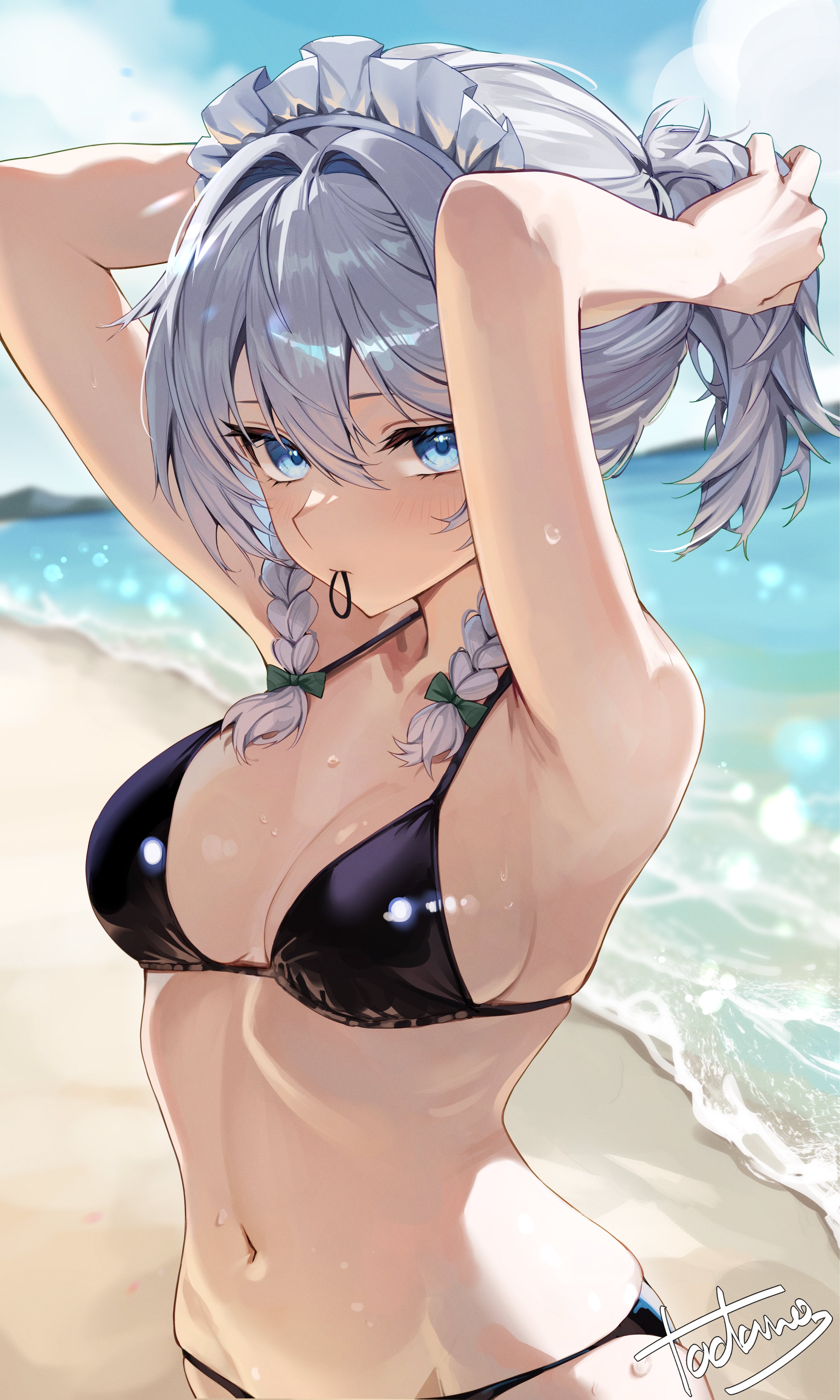 tadano1129, izayoi sakuya, touhou, absurdres, highres, 1girl, adjusting hair, arms up, artist name, beach, bikini, black bikini, blue eyes, braid, breasts, grey hair, hair tie in mouth, maid headdress, medium breasts, mouth hold, navel, ponytail, sand, stomach, swimsuit, twin braids, water