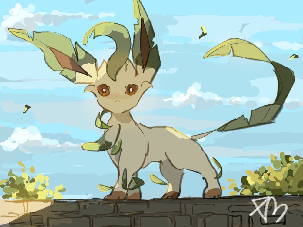 cc8nw42u15apug0, leafeon, nintendo, pokemon, commentary request, animal focus, bright pupils, brown eyes, closed mouth, cloud, day, gen 4 pokemon, no humans, outdoors, pokemon (creature), shadow, solo, standing, white pupils