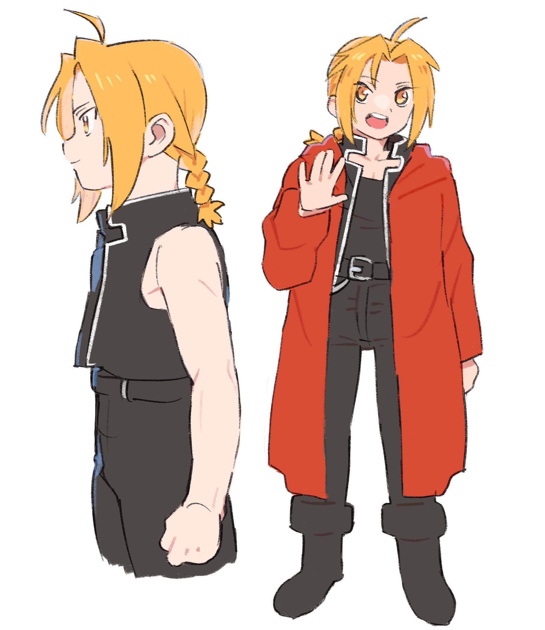gan2, edward elric, fullmetal alchemist, highres, 1boy, ahoge, black boots, black jacket, black pants, black shirt, black vest, blonde hair, boots, braid, closed mouth, coat, cowboy shot, cropped legs, facing viewer, full body, hand up, jacket, long coat, long hair, male focus, multiple views, open mouth, pants, parted bangs, profile, red coat, shirt, single braid, smile, solo, standing, teeth, upper teeth only, vest, white background, yellow eyes