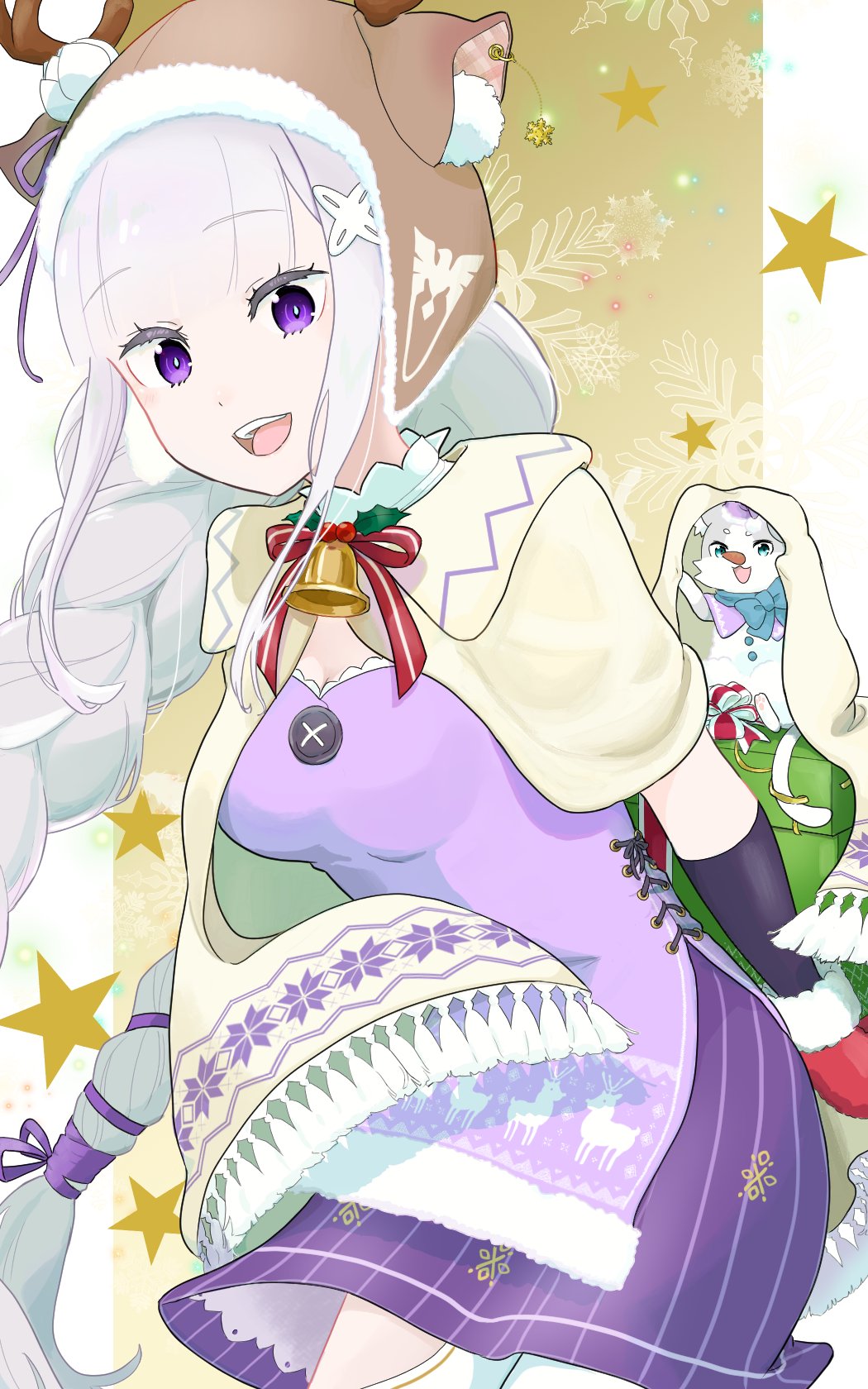 sakanaglyph, emilia (re:zero), puck (re:zero), re:zero kara hajimeru isekai seikatsu, highres, 1girl, :d, animal hat, antlers, bell, blunt bangs, box, braid, breasts, christmas, cleavage, dress, fake antlers, flower, gift, gift box, gloves, hair flower, hair ornament, hair ribbon, hat, horns, long hair, looking at viewer, mittens, open mouth, pointy ears, purple dress, purple eyes, purple ribbon, purple skirt, red gloves, red mittens, reindeer antlers, ribbon, skirt, smile, solo, white flower, white hair, x hair ornament