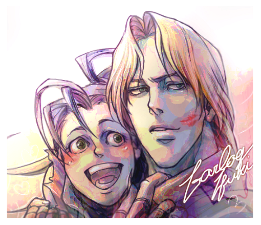 gabriel (matador), ibuki (street fighter), vega (street fighter), capcom, street fighter, street fighter iii (series), 1boy, 1girl, black hair, blonde hair, blush, happy, ninja, open mouth, portrait, smile