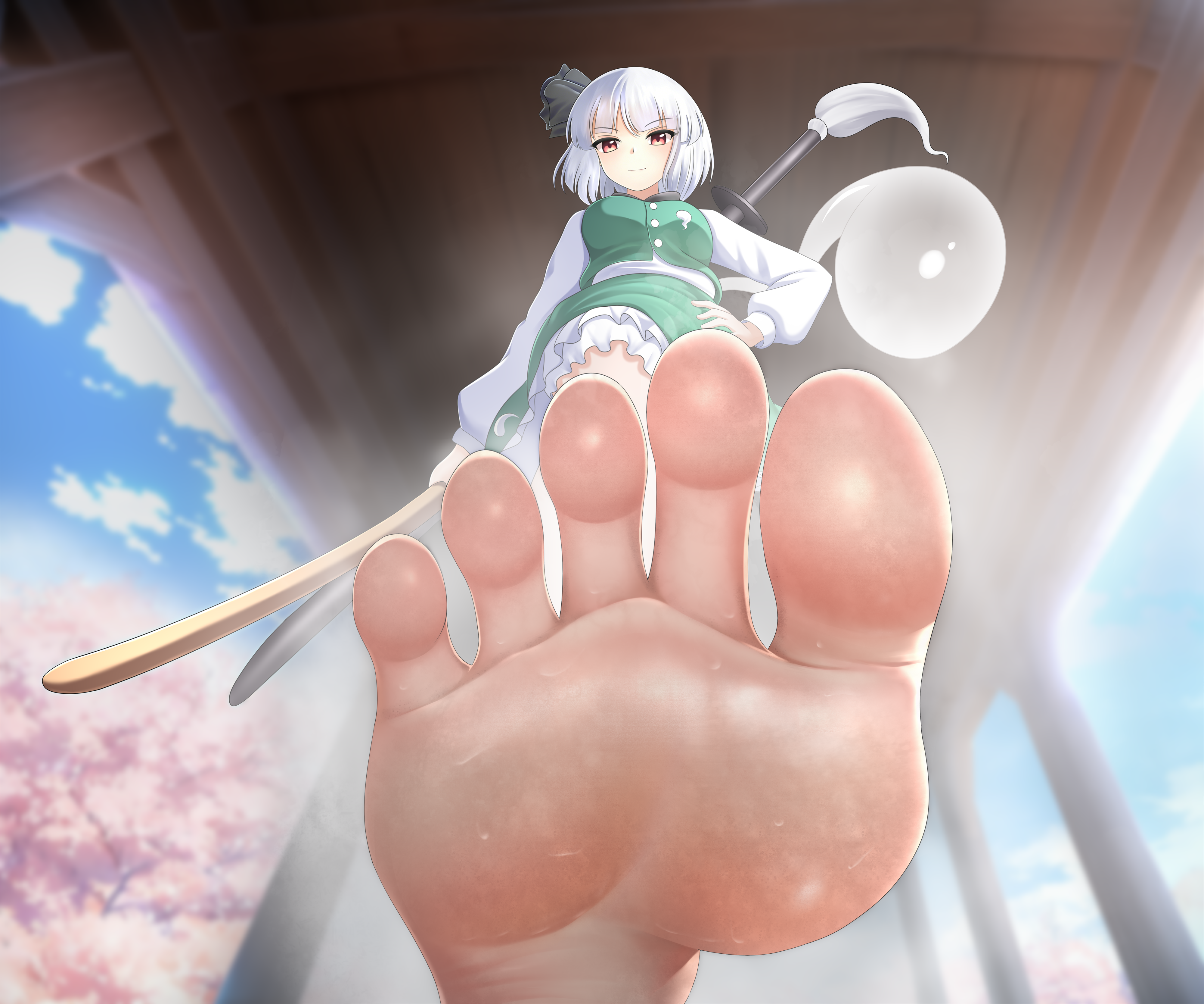 ming, konpaku youmu, touhou, absurdres, highres, 1girl, barefoot, feet, hand on own hip, looking at viewer, medium hair, pov, red eyes, smile, soles, steam, sweat, toes, white hair