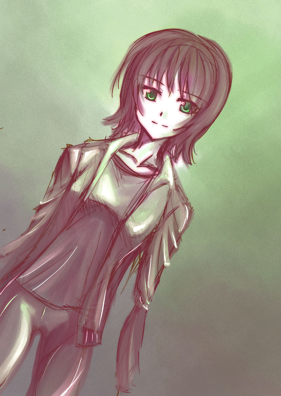 raide, tezuka rin, katawa shoujo, highres, non-web source, 10s, 1girl, aged up, amputee, armless amputee, collarbone, double amputee, female focus, green eyes, short hair, sketch, solo