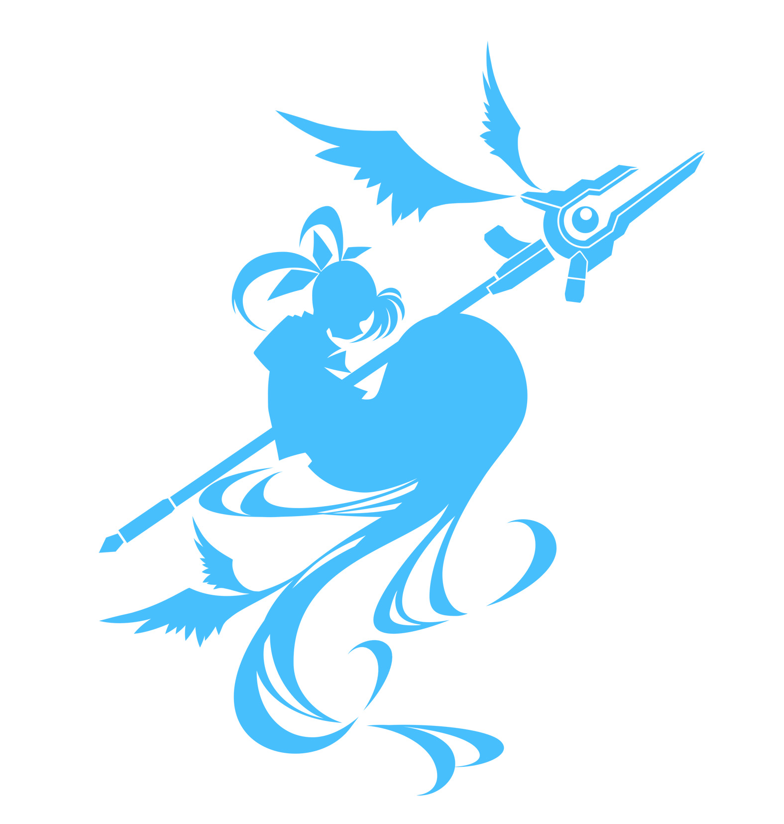 mumulatte, raising heart, raising heart (buster mode), takamachi nanoha, lyrical nanoha, mahou shoujo lyrical nanoha, highres, 00s, 1girl, blue theme, female focus, long hair, monochrome, profile, silhouette, simple background, solo, weapon, white background