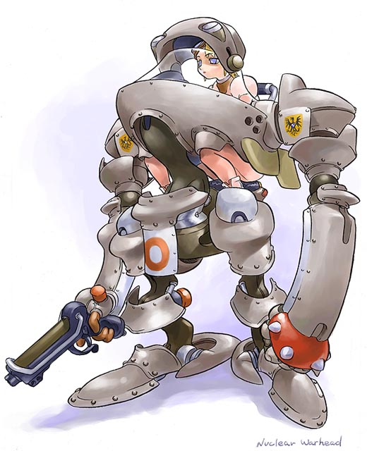 hirai yukio, original, archived source, bad link, artist name, bare legs, bare shoulders, blue eyes, bolt (hardware), brown hair, brown leotard, clenched hand, closed mouth, curtained hair, emblem, english text, expressionless, fewer digits, gun, half-closed eyes, holding, holding gun, holding weapon, legs apart, leotard, long arms, mecha, mechanical arms, mechanical legs, no pupils, robot, science fiction, shadow, shoes, simple background, sitting, standing, weapon, white background, white shoes