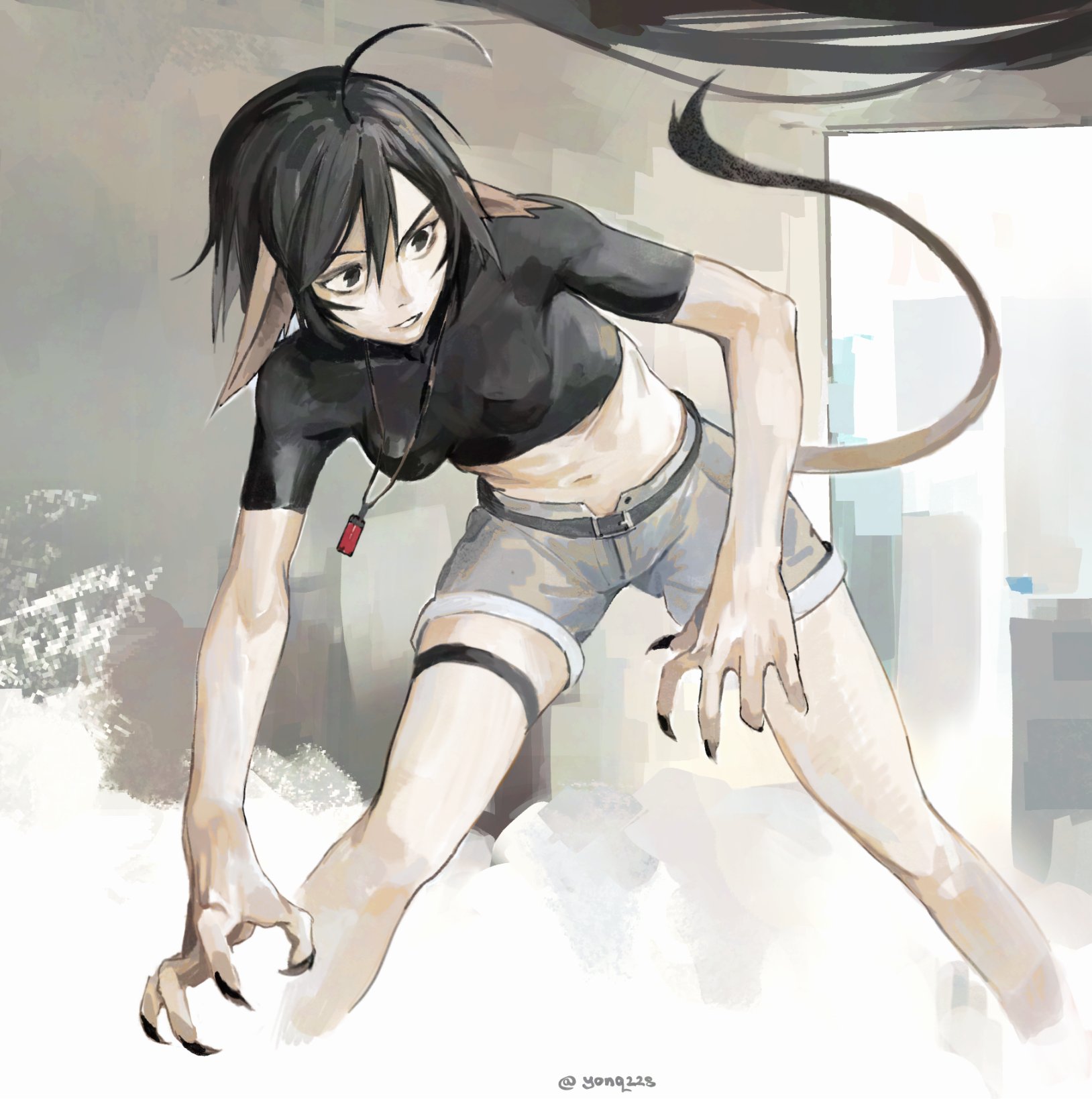 yonq98, tagme, 1girl, breasts, jewelry, midriff, navel, necklace, short hair, shorts, small breasts, tail