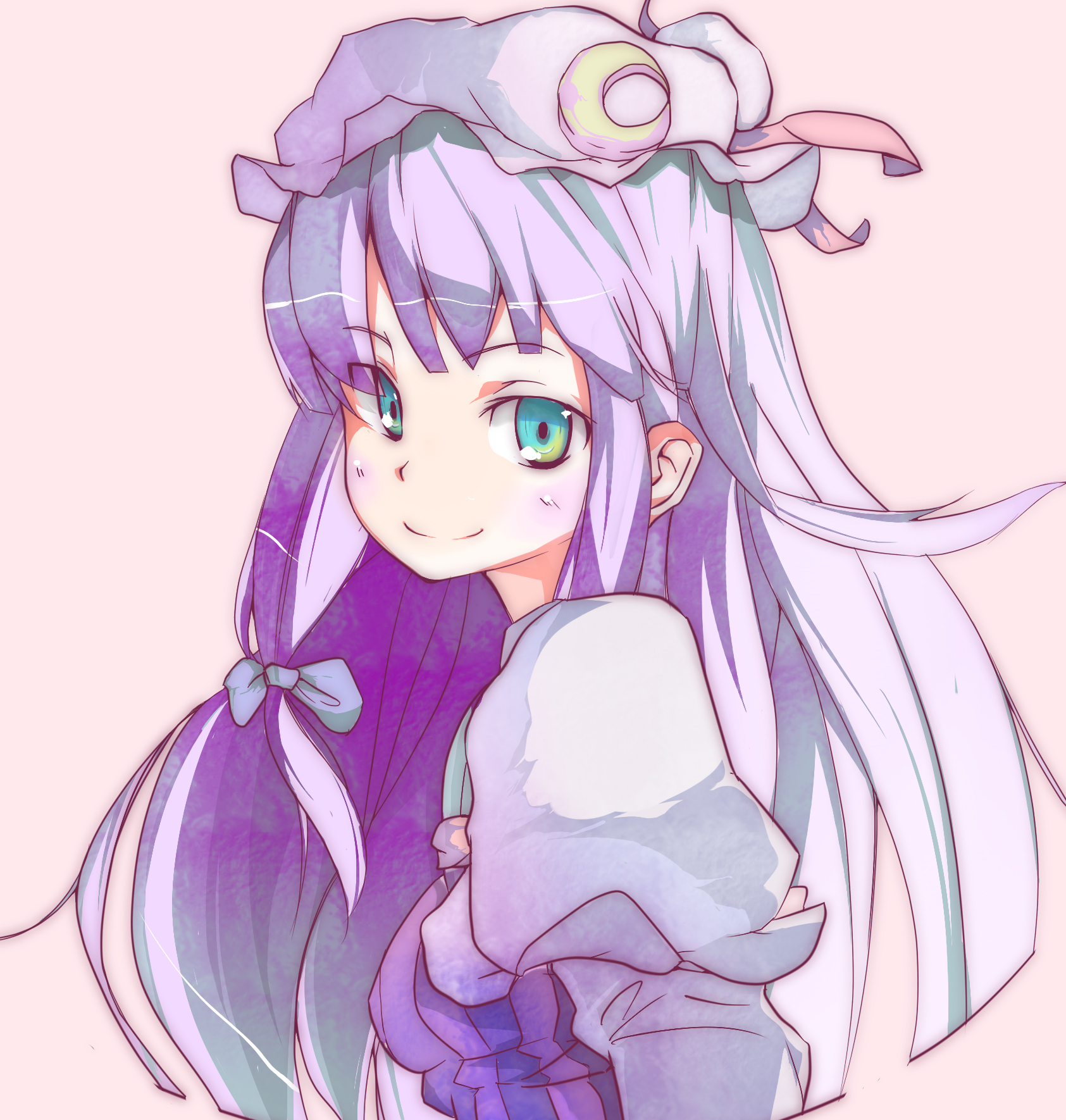 eightman, patchouli knowledge, touhou, highres, 1girl, alternate eye color, aqua eyes, female focus, green eyes, hair ribbon, hat, long hair, looking at viewer, multicolored eyes, puffy sleeves, purple hair, ribbon, smile, solo, upper body