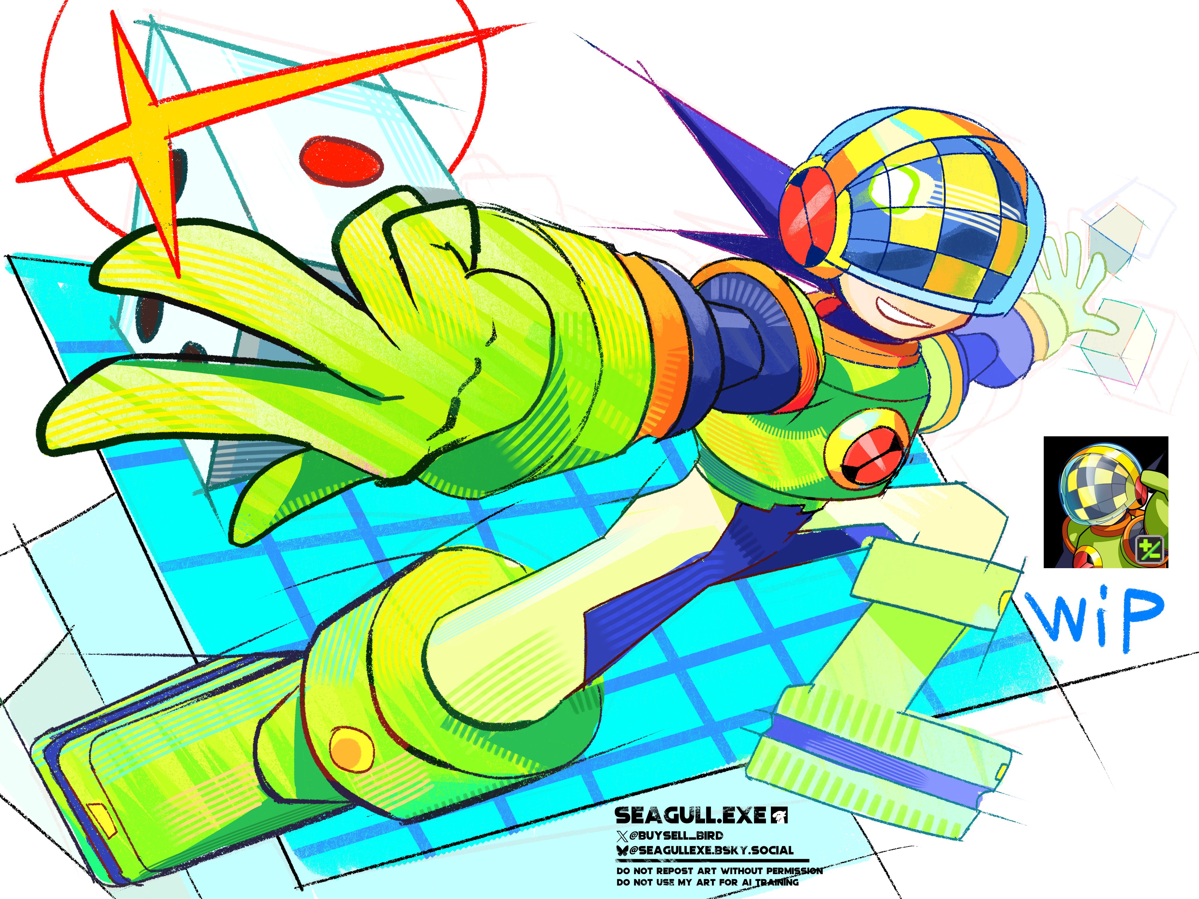 buysell bird, megaman.exe, mega man (series), mega man battle network (series), absurdres, highres, unfinished, 1boy, armor, black hair, bluesky username, bodysuit, boots, dice, double soul (mega man), full body, green armor, head-mounted display, helmet, male focus, netnavi, numberman.exe, short hair, smile, solo, twitter username