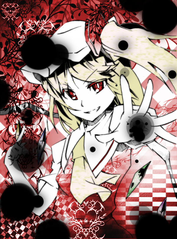 eightman, flandre scarlet, embodiment of scarlet devil, touhou, 1girl, blonde hair, blouse, collared shirt, female focus, grin, hat, mob cap, partially colored, red background, red eyes, shirt, smile, solo, white hat, white shirt, wings
