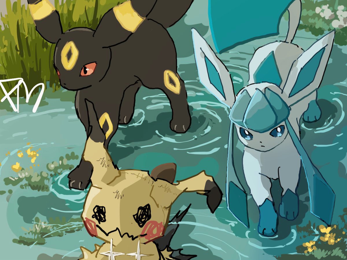 cc8nw42u15apug0, glaceon, mimikyu, umbreon, nintendo, pokemon, black eyes, blue eyes, closed mouth, colored sclera, flower, gen 2 pokemon, gen 4 pokemon, gen 7 pokemon, grass, no humans, pokemon (creature), pokemon focus, red sclera, shadow, standing, standing on liquid, water
