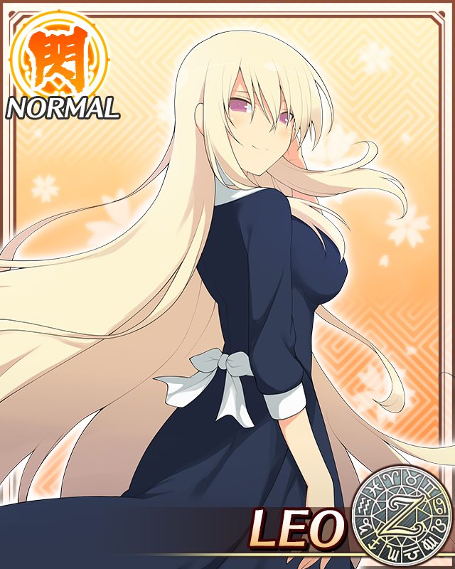 leo (senran kagura), senran kagura, senran kagura new wave, official art, 1girl, adjusting hair, aquarius (symbol), aries (symbol), blonde hair, blue dress, blush, border, bow, breasts, cancer (symbol), capricorn (symbol), card (medium), character name, closed mouth, dodecagram, dress, english text, floral background, from side, gemini (symbol), hair between eyes, kiritsusei juuji academy school uniform, large breasts, leo (symbol), libra (symbol), light smile, long hair, long sleeves, looking at viewer, pisces (symbol), purple eyes, sagittarius (symbol), school emblem, school uniform, scorpio (symbol), smile, solo, standing, taurus (symbol), upper body, very long hair, virgo (symbol), waist bow, white bow, zodiac wheel