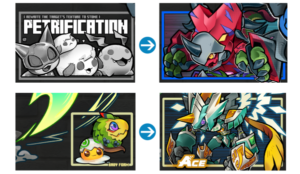 sinobali, caprimon, fluffymon, paomon, styracomon, tokomon, xiaomon, yolkmon, zephagamon, digimon, armor, colored skin, digimon (creature), green skin, horns, petrification, wings, yellow eyes